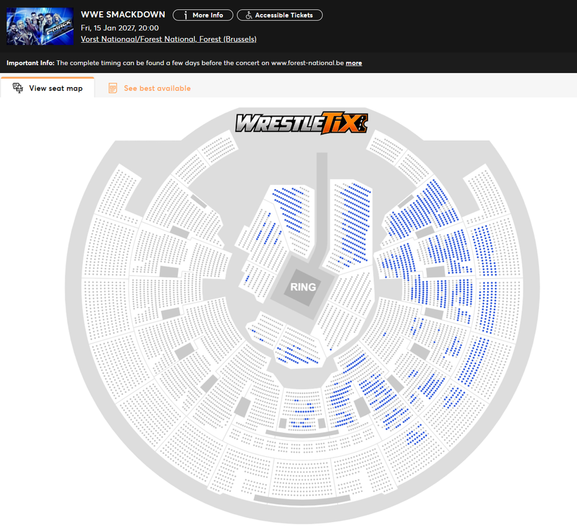 WrestleTix's tweet photo. WWE Smackdown
Fri, 15 Jan 2027, 20:00
Vorst Nationaal/Forest National, Brussels, Belgium

Available Tickets: 1,522
Current Setup: 3,702
Tickets Distributed: 2,180

🟢 First Count
📅 Days until show: 106
📊 YTD Show Avg: 9,394
🔢 Total # of seats on map: 8,399
💵 Cheapest Ticket (Standard Admission): €202.00