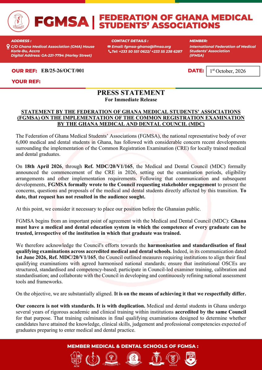 PoetKearls's tweet photo. Dear Ghana, 🇬🇭

May we have your attention? There is a conversation we need to have.

I am Samuel Issifu, President &amp; Chief Spokesperson of the Federation representing over 6,000 medical &amp; dental students, @Gh_Fgmsa.

Today, we place our position before Ghana.

#ReThinkTheCREMDC https://t.co/kQUc2D4ur3