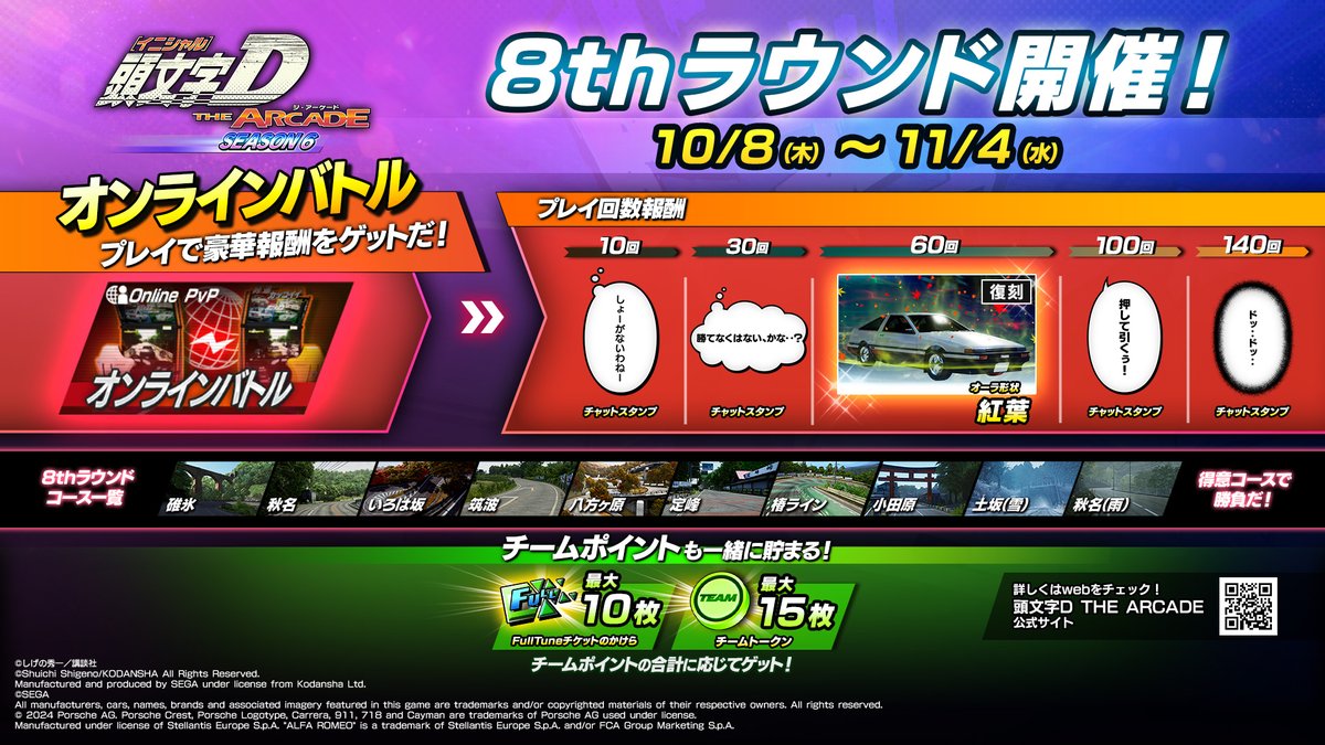 initialD_AS's tweet photo. 【シーズン6 8thラウンド開催予告！】
次回ラウンドは10/8(木)スタート！
ラウンド報酬にオーラ形状『紅葉』が復刻！

今ラウンドで『公道最強決定戦4th』の「九州大会」「中四国大会」予選がスタート！

▼詳細はこちら！
https://t.co/LMWMn3CjZc

#頭文字DAC https://t.co/HLV11xeJkC