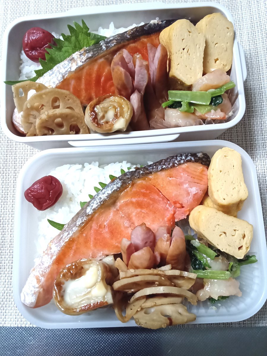 melam_51's tweet photo. 2026/10/2
今日の娘＆夫弁当

今朝は出かけた娘が慌てて帰って来た　
忘れ物かと思いきや「JR止まったー」急遽、阪急の最寄り駅まで送っていくことに🚗　
バタバタから始まってバタバタで終わる
今週も大変お疲れ様でした～

外にでたら空が秋だったー

#お弁当
#お弁当記録
#空 https://t.co/VOdPl6Z15p
