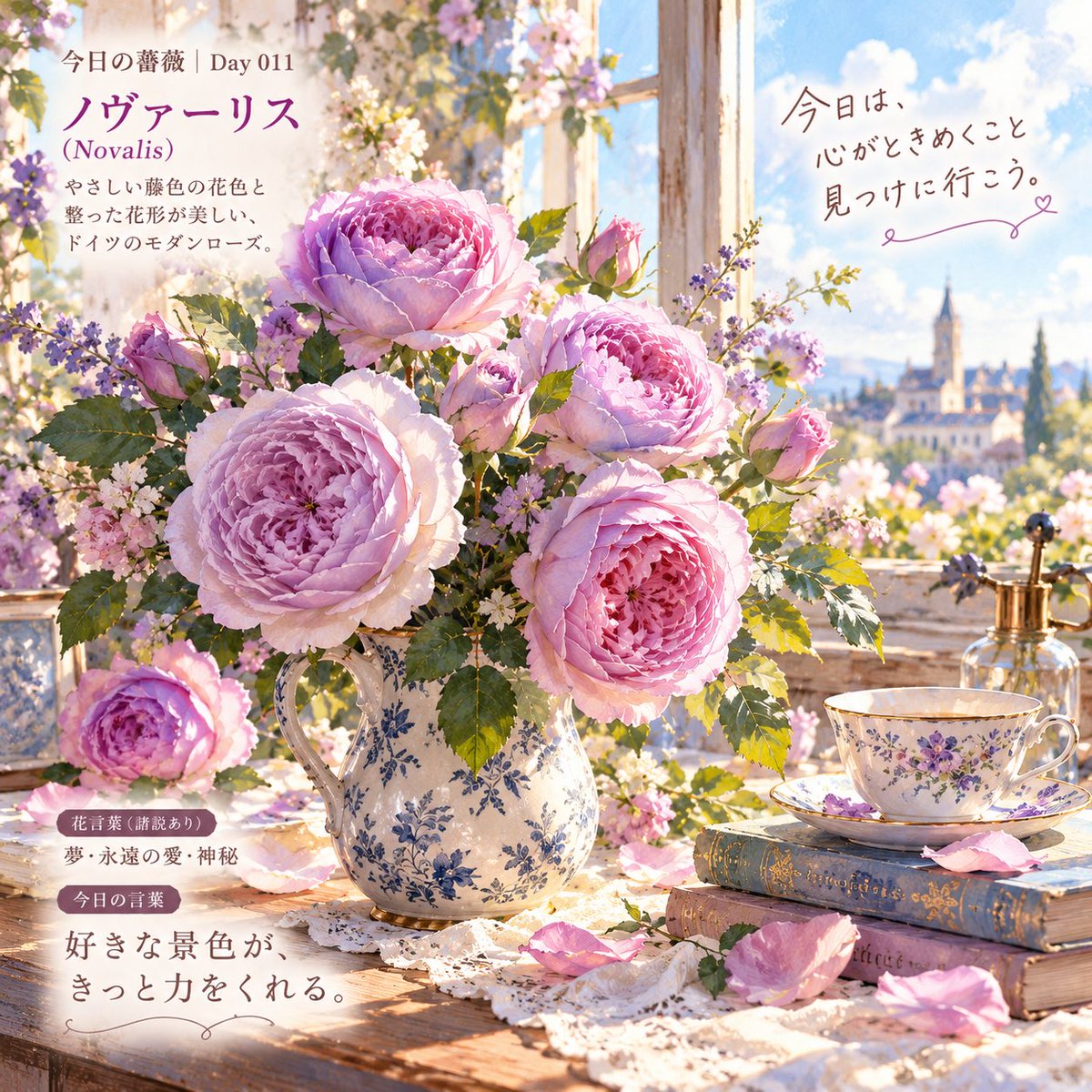 tsumugiaidays's tweet photo. 🌹今日の薔薇｜Day 011
ノヴァーリス

今日は、やさしい藤色の薔薇を
光いっぱいの世界に描いてみました💜

今日の言葉は
「好きな景色が、きっと力をくれる。」

今日、心がときめく景色に出会えましたか？☺️🌹

AIと旅する、365日の薔薇。

#今日の薔薇 #AIアート #AI画像 #薔薇 https://t.co/VP3TMZATMB