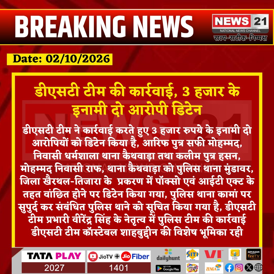 news21national's tweet photo. डीएसटी टीम की कार्रवाई, 3 हजार के इनामी दो आरोपी डिटेन
#Kaman #Deeg #RajasthanPolice #DST #PoliceAction #CrimeNews #RajasthanNews @DeegPolice @PoliceRajasthan @RajPoliceHelp https://t.co/nXWkr0ZRgk