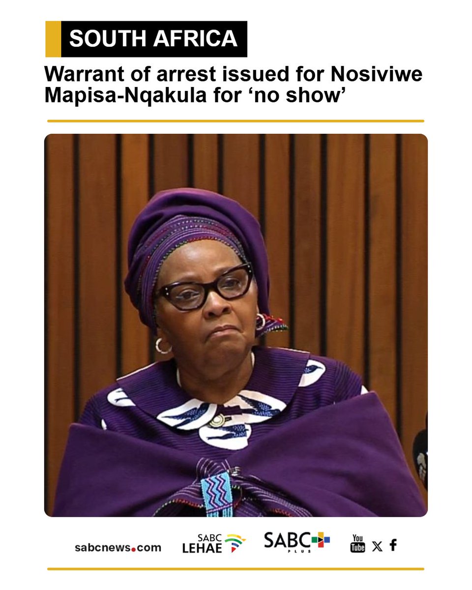 SABCNews's tweet photo. A warrant of arrest has been authourised for former National Assembly Speaker and Defence Minister Nosiviwe Mapisa-Nqakula after she failed to appear in the Pretoria High Court this morning for her corruption and money laundering trial. https://t.co/gASqrCJPet https://t.co/qAXHRfMXxX