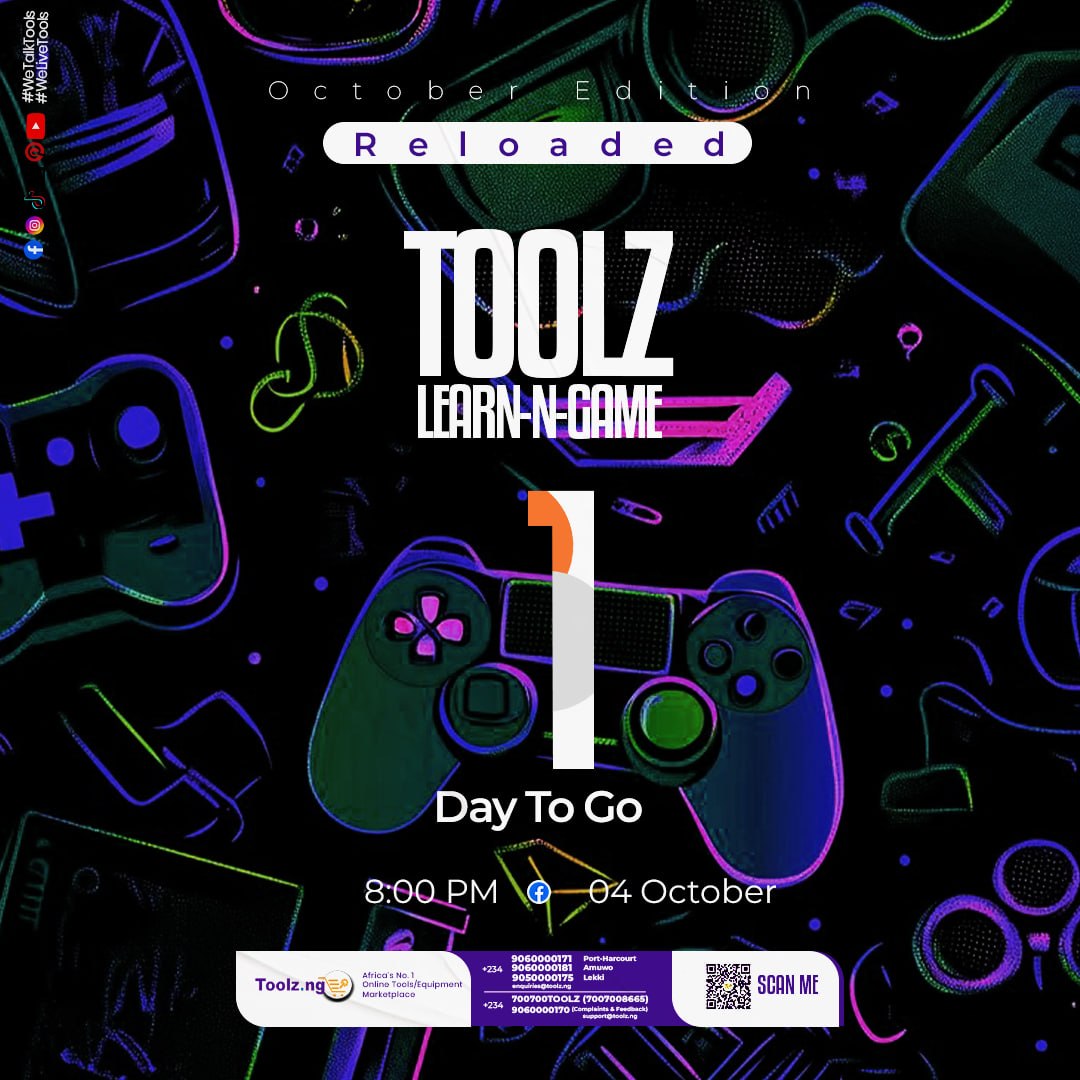 ToolzngOfficial's tweet photo. 1 DAY TO GO!
Tomorrow Is The Day!
Get Your Tool Knowledge Ready, Because It’s Almost Time To PLAY, LEARN & WIN!
enquiries@toolz.ng
#WeTalkTools
#WeLiveTools
#ToolzChallanges #ToolzQuiz #WinWthToolz #Tools #ToolzLearnNGame https://t.co/ETMbJsU6rm