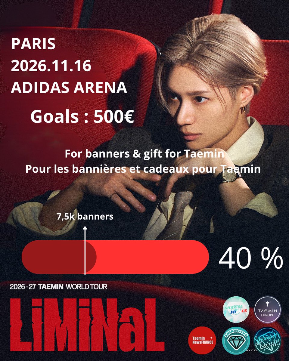 Shawol_France's tweet photo. Actualisation de l’avancement de la cagnotte pour le concert de Taemin !

Grâce aux donations nous avons atteint le goal pour avoir les bannières !!! 
Merci à tous 🫶🏻😭

Continuez à donner pour offrir des cadeaux à Taemin 🤗

Donnez ici : https://t.co/MNGSUq6Vu0 ; shawolfrance2008@gmail.com 

#TAEMIN #TAEMININPARIS #LIMINaLinParis @TaeminNews_FR @ShawolsEurope @SHINeevent_fr @TaeminEurope