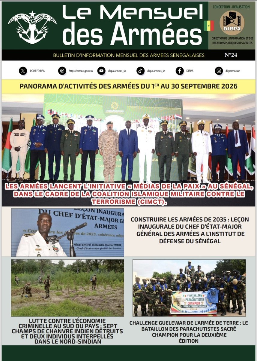 CHEFDIRPA's tweet photo. Le Mensuel des Armées de septembre 2026 témoigne de l’intensité des activités des unités, tant sur le plan national qu'international, alliant efficacité opérationnelle et proximité avec les populations.
Suivre le lien.
https://t.co/iwkYECMpdh https://t.co/K8wMr5KHyj