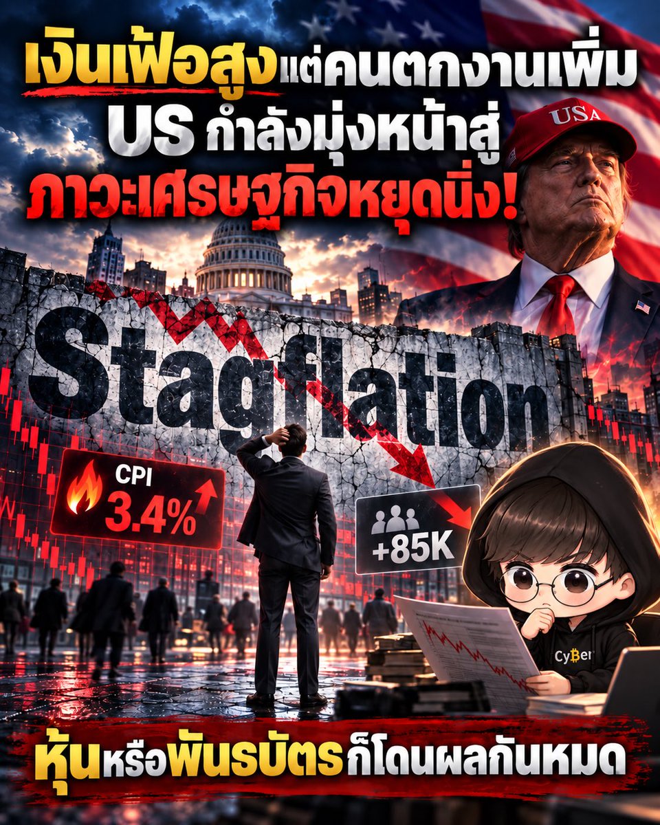 Cyber__trader's tweet photo. ของแพงขึ้น แต่งานเริ่มหาย คำที่นักลงทุนกลัวที่สุดกำลังกลับมา 🚨

Stagflation ไม่ได้มาพร้อมเสียงระเบิด แต่ค่อยๆ ซึมเข้ามาทีละตัวเลข แล้วตอนนี้ตัวเลขกำลังบอกอะไรเรา?

เริ่มจากอะไรคือ Stagflation?

Stagflation คือ ภาวะที่เงินเฟ้อสูง แต่เศรษฐกิจกับการจ้างงานโตช้า ซึ่งเป็นสิ่งที่ธนาคารกลางไม่อยากเจอที่สุด เพราะทางแก้ที่ใช้แก้โรคหนึ่งจะไปซ้ำเติมอีกโรคหนึ่งเสมอ

มาดูตัวเลขที่ค่อยๆ หมุนไปทางนั้นกับว่ามีอะไรบ้าง

1. เงินเฟ้อ CPI ของ US เดือน ส.ค. อยู่ที่ 3.4% แต่ Core CPI (ตัดอาหารกับพลังงานออก) อยู่แค่ 2.4% ต่ำสุดตั้งแต่ปี 2021 แปลว่าตัวที่ดันเงินเฟ้อคือพลังงานล้วนๆ ค่าน้ำมันแพงขึ้น 27.4% จากปีก่อน ตราบใดที่ Hormuz ยังไม่เปิด แรงกดดันนี้ก็ยังไม่หายไป

2. การจ้างงาน ส.ค. ดูดีที่ +162K แต่ค่าเฉลี่ย 12 เดือนมีแค่ +31K เท่านั้น และเดือน ก.ย. ที่จะประกาศวันศุกร์นี้ ตลาดคาดว่าจะเหลือราว +85K หายไปเกือบครึ่ง

3. ต้นทุนธุรกิจ ตัวเลข Composite PMI เดือน ก.ย. ออกมา 58.4 ดีกว่าคาด แต่ไส้ในบอกว่าต้นทุนวัตถุดิบเร่งตัวขึ้น ซึ่งสุดท้ายก็จะถูกส่งต่อมาที่ราคาสินค้า

และท้ายที่สุด FED ขึ้นดอกเบี้ยไปแล้วเมื่อ ก.ย. และตอนนี้ตลาดให้โอกาส 66.4% ว่าจะขึ้นอีกรอบในเดือน ต.ค.

แล้วทำไมภาวะนี้ถึงกำลังกดราคาสินทรัพย์?

ให้คิดง่ายๆ ว่าหุ้นมีมูลค่าจาก 2 อย่าง คือ กำไรในอนาคต และอัตราดอกเบี้ยที่ใช้คิดลดกำไรนั้นกลับมาเป็นมูลค่าวันนี้ (เพราะดอกเบี้ยสูง = ต้นทุนธุรกิจสูง)

Stagflation ตีทั้งสองอย่างพร้อมกัน กำไรโตช้าลงเพราะคนใช้จ่ายน้อยลงและต้นทุนแพงขึ้น ในขณะที่ดอกเบี้ยไม่ลงหรือยังขึ้นต่อเพราะเงินเฟ้อยังสูง 😱

และกลุ่มหุ้นที่โดนหนักที่สุดมักเป็นหุ้น Growth ที่ราคาสะท้อนกำไรในอนาคตไกลๆ อย่างหุ้นเทค 

ส่วนพันธบัตรก็ไม่ได้ปลอดภัยเหมือนภาวะถดถอยปกติ เพราะเงินเฟ้อกดดันให้ Bond yield สูงขึ้น ล่าสุด US 10Y ขึ้นไปสูงสุดตั้งแต่ปี 2007

มุมมองส่วนตัวของผมในช่วงนี้

ช่วงนี้ผมปรับพอร์ตให้ถือสินทรัพย์แบบนี้เพิ่มขึ้น

1. เงินสด (Money market) เป็นอันดับแรก ดอกเบี้ย FED อยู่ที่ 3.75 - 4.00% ฝั่ง USD ถือเงินสดก็ยังได้ผลตอบแทนระหว่างรอ

2. หุ้น Defensive อย่างกลุ่ม Energy ที่ได้ประโยชน์ตรงจากน้ำมันแพง และ Consumer staples สินค้าจำเป็นที่คนต้องซื้อไม่ว่าเศรษฐกิจจะเป็นยังไง

3. หุ้นเทคที่มีศักยภาพและ Alternative assets ผมยังทยอยสะสมต่อ แต่ไม่ไล่ราคา และไม่ลงเงินก้อนใหญ่ในจังหวะนี้

จุดสำคัญในกลยุทธ์ของผมคือ เงินสดก้อนนี้ไม่ได้มีไว้เพื่อหนีตลาด แต่มีไว้เป็น "กระสุน" สำหรับซื้อสินทรัพย์เสี่ยงในวันที่สถานการณ์เริ่มคลายตัว ไม่ว่าจะเป็น Hormuz เปิด เงินเฟ้อลง หรือ FED เริ่มเปลี่ยนท่าที เพราะช่วงที่ของดีราคาถูกที่สุด มักเป็นช่วงที่คนส่วนใหญ่ไม่มีเงินเหลือจะซื้อแล้ว

คนที่มีเงินสดในวันที่ตลาดกลัว คือ คนที่ได้เลือกก่อนเสมอ เพราะการลงทุนให้ได้กำไรมากกว่าตลาด ก็คือต้อง “ซื้อให้ถูกกว่าคนอื่น” นั่นเอง

แล้วเพื่อนๆ ตอนนี้ถือเงินสดอยู่กี่ % ของพอร์ต? คอมเม้นบอกกันได้นะครับ 👇

#ลงทุน #เศรษฐกิจ #หุ้น #การเงิน