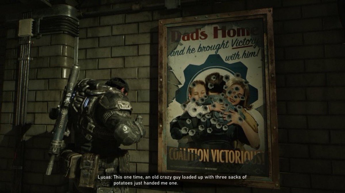 Pirat_Nation's tweet photo. Several fans are calling out Gears E-day devs for a poster about a white family, white dad, littered with bullets before you walk in.

They claim that the devs hate happy families, beacuse the flag is called “propaganda” https://t.co/T4gcgLP4wZ