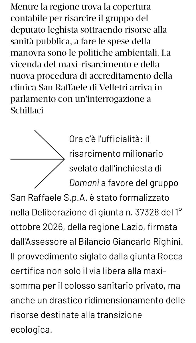 Frances99687883's tweet photo. Ora è ufficiale: con delibera n. 37328 del 1º ottobre,firmata dall’assessore al Bilancio Giancarlo Righini, la #RegioneLazio dà il via libera al maxi risarcimento di 83,07 milioni a favore del gruppo #SanRaffaele di #Angelucci. Risorse tolte quasi interamente alla  >>> https://t.co/PYjQeYUCeV