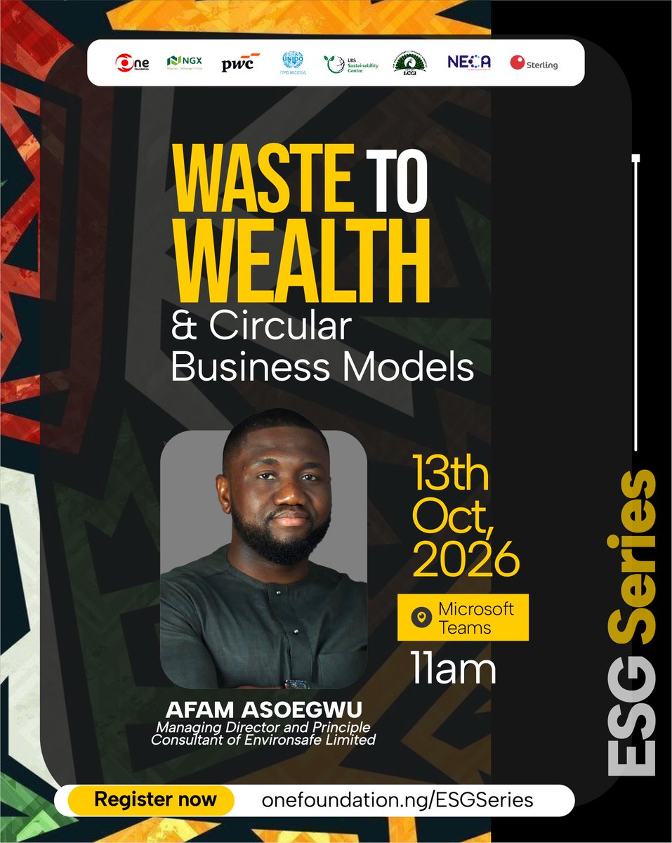 onefoundationng's tweet photo. Meet the Speaker

Afam Asoegwu is the Managing Director and Principal Consultant of ENVIRONSAFE Limited, with over 15 years of experience in environmental, ESG, EHS, and industrial waste management across West Africa and the UK.

He holds an MSc in Environmental Management from Coventry University, a BSc in Geography from the University of Ibadan, and is NEBOSH-certified in Occupational Health and Safety. His expertise spans ESG and E&S due diligence, sustainability strategy, environmental compliance, waste management, and occupational health and safety.

Through ENVIRONSAFE, Afam has supported organisations including Afreximbank, Evercare, LADOL, SC Johnson, Samsung Heavy Industries, and FrieslandCampina.

Register now to connect with Afam and gain practical insights at our upcoming ESG Webinar: https://t.co/ZLrewUEVmk

#ESGSeries #WasteToWealth #CircularEconomy #Sustainability #SOF