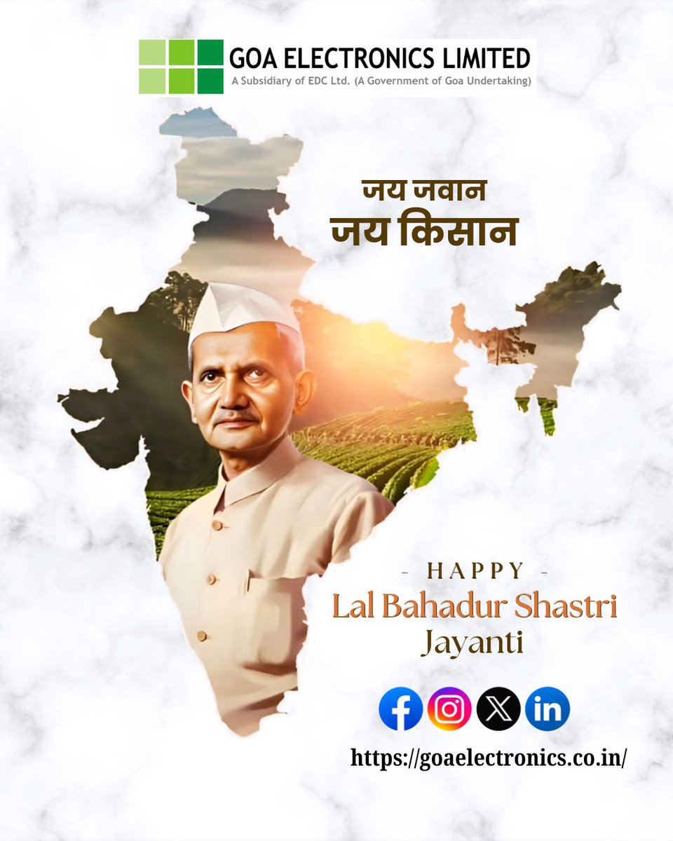 GoaElectronics's tweet photo. Happy Lal Bahadur Shastri Jayanti!
#gel #govtgoa #HappyLalBahadurShastriJayanti https://t.co/d45hiEGx2v