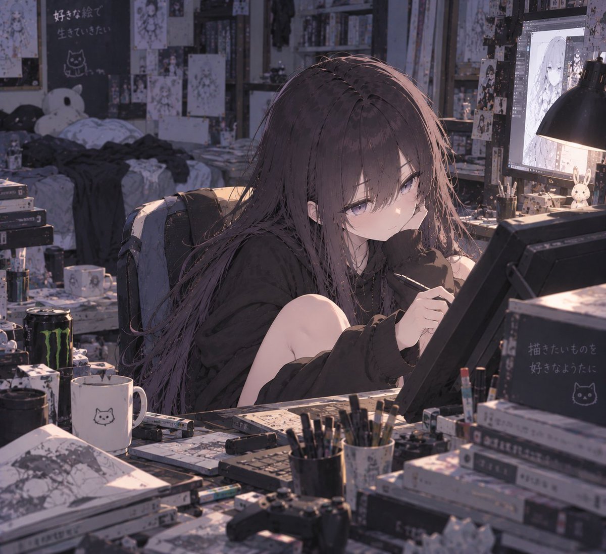Rinel0831's tweet photo. 私たちの絵柄を安定させる為に、この画風の子をノワールと設定しました。これからは基本的にノワールに依頼します。普段は汚部屋って聞いてたけど……ノワール、私達がくるからって片付けした？
#AIart️️️️️️️️️️️️️️️️️️️️️️️️️️️️️️️️️️️️️️️️️ https://t.co/pxHWdILZp9