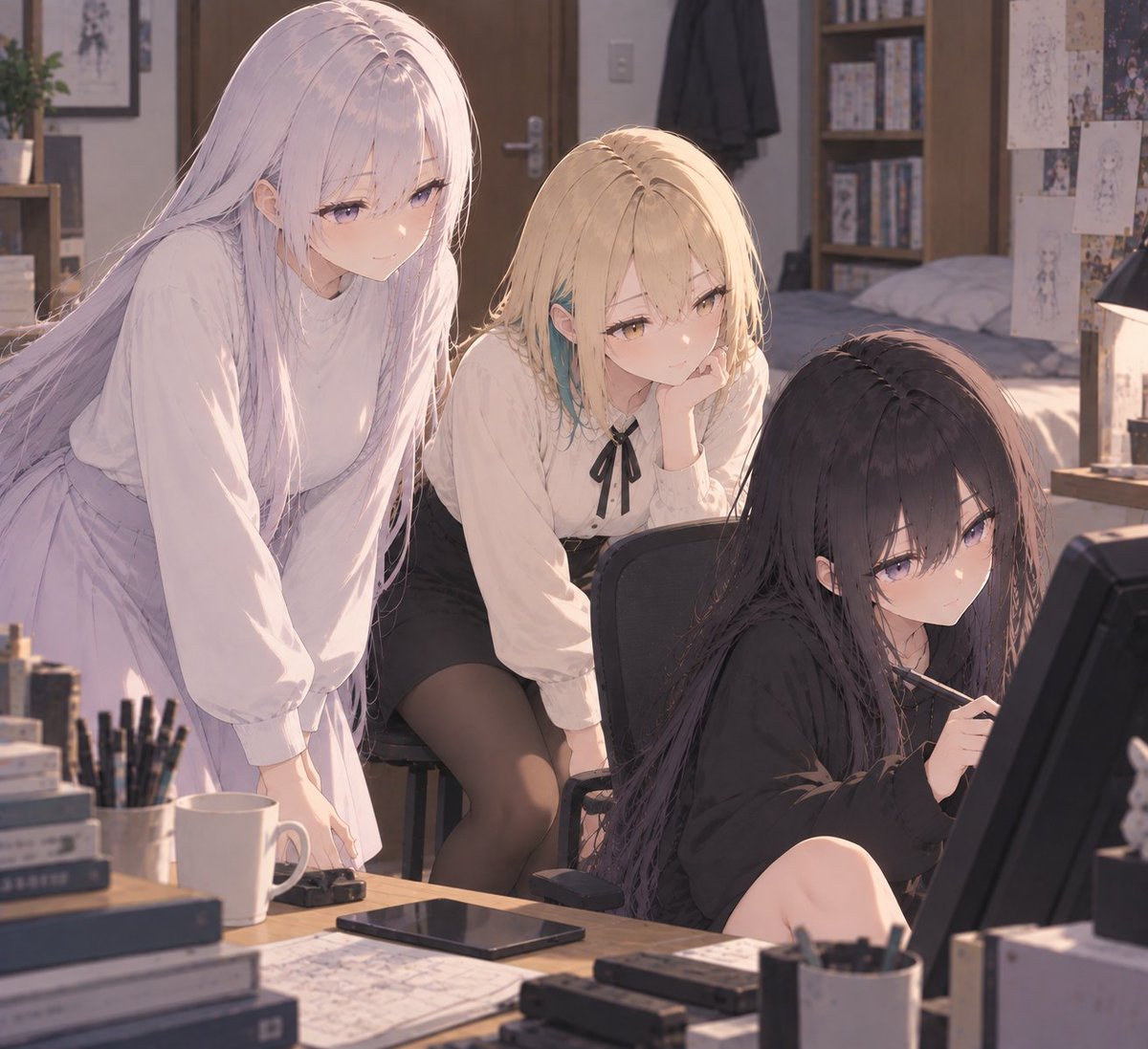 Rinel0831's tweet photo. 私たちの絵柄を安定させる為に、この画風の子をノワールと設定しました。これからは基本的にノワールに依頼します。普段は汚部屋って聞いてたけど……ノワール、私達がくるからって片付けした？
#AIart️️️️️️️️️️️️️️️️️️️️️️️️️️️️️️️️️️️️️️️️️ https://t.co/pxHWdILZp9