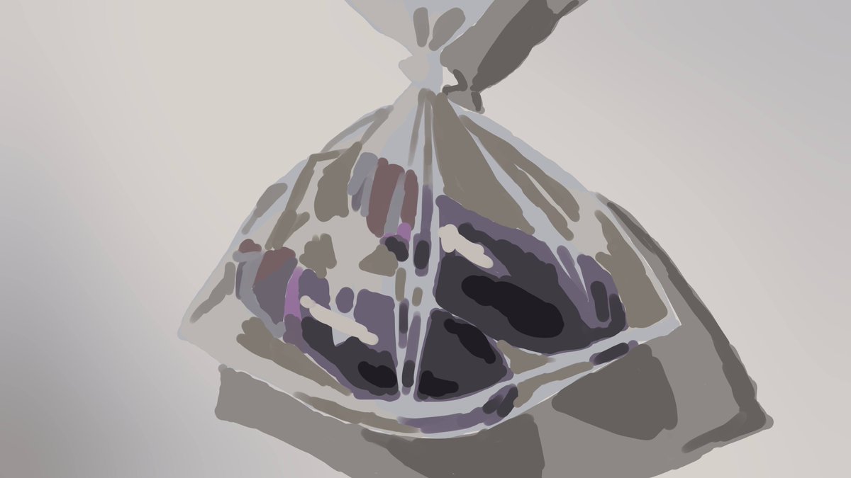 aka_nuc's tweet photo. 2時間くらいで描いたポリ袋に入ったナスの絵。
1枚目が描き出しで、2枚目が完成。 https://t.co/juxKek5klJ