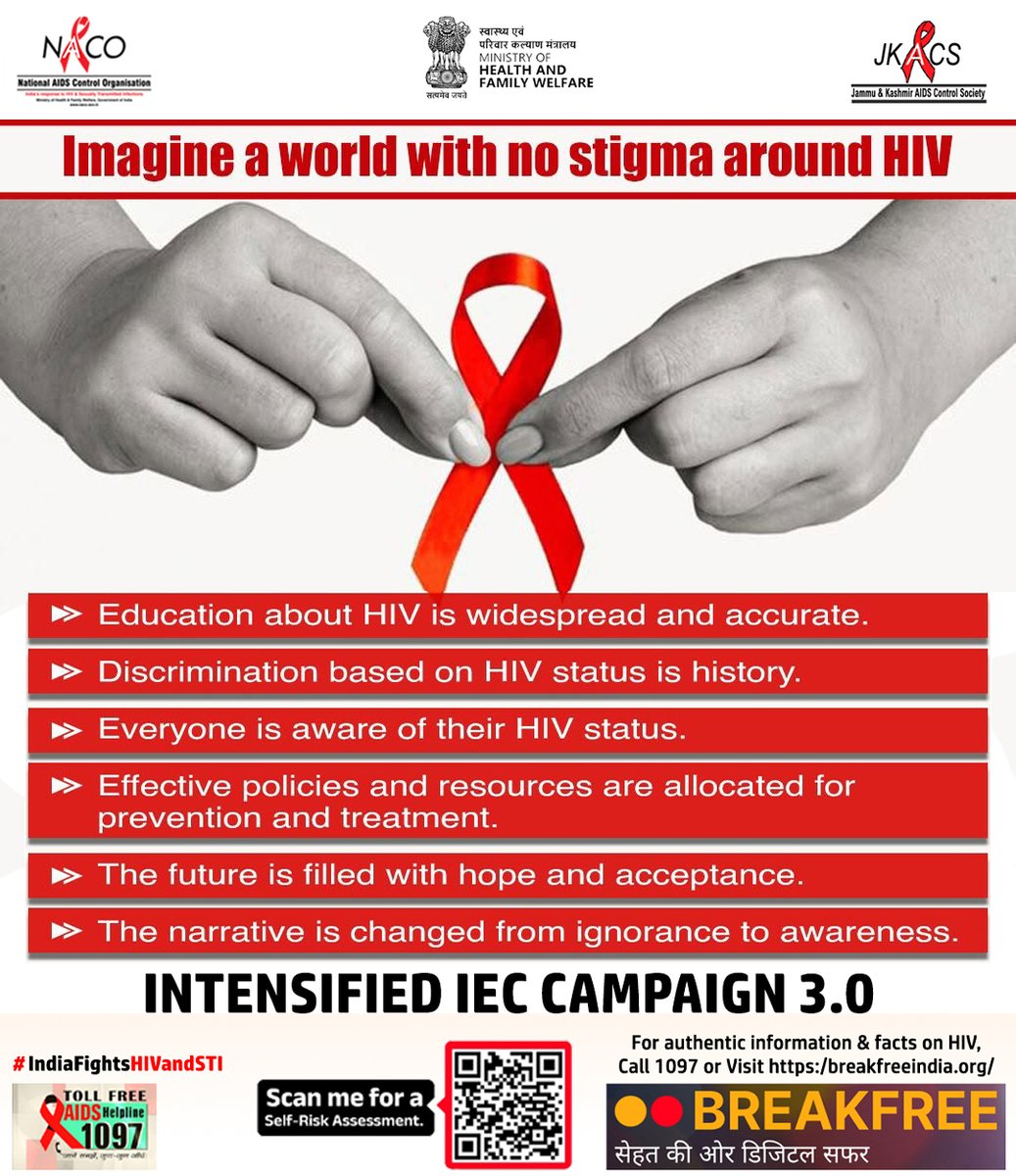 JKACS1's tweet photo. From stigma to strength, let's rewrite the story of HIV/AIDS. In our world of understanding &amp; acceptance, everyone's story matters #IndiaFightsHIVandSTI #HIVAwareness #HealthForAll #EndAIDS #IndiaFightsHIVandSTI #SayNoToViolence #EndHIVStigma @NACOINDIA @RisheeshK @adyouthjksacs https://t.co/FUZoHWetPx
