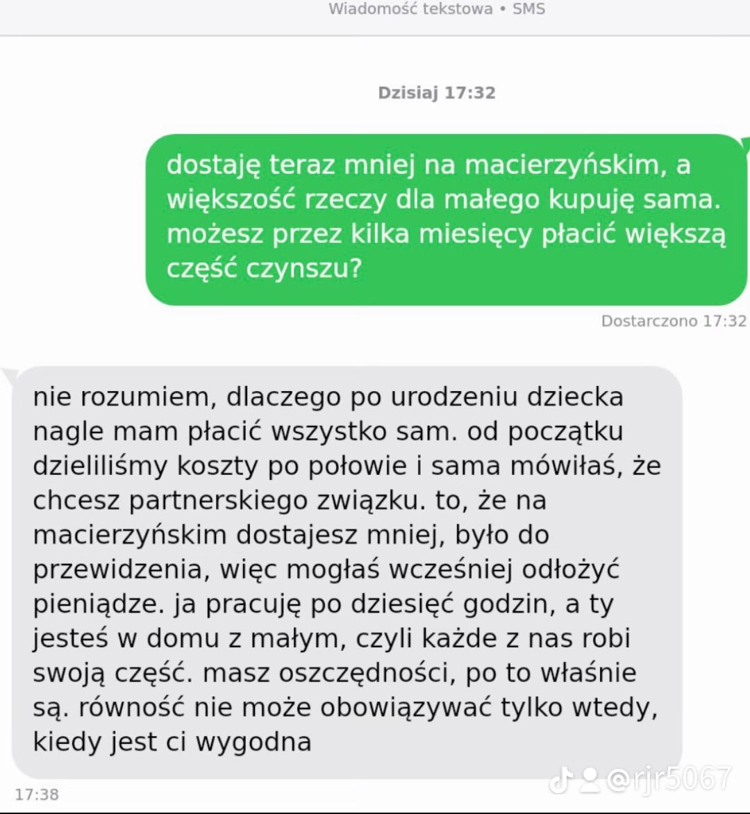JRJ_95TT's tweet photo. Poprosiła, żeby przez kilka miesięcy dokładał 700 zł więcej do czynszu. On odpowiedział, że ona „siedzi w domu z małym”, a macierzyński dostaje właśnie za to. Czy tak wygląda partnerski podział kosztów? #zwiazki https://t.co/wCHOgQ3gu2