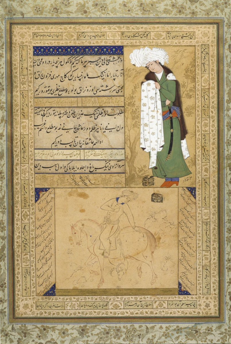 SaleSharifi's tweet photo. ترکیبی از آثار سه هنرمند در برگی از یک آلبوم فوق‌العاده‌ی صفوی.
شکارچی سواره اثر رضا عباسی، جوان ایستاده اثر محمد قاسم و نستعلیق اثر سلطان علی الکاتب المشهدی.
محفوظ در موزه‌ی ویکتوریا و آلبرت. https://t.co/G7jq07rSXz
