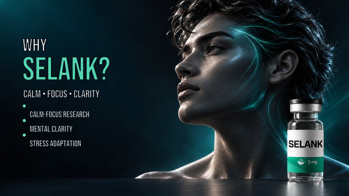 enhanced_info1's tweet photo. Why is Selank attracting attention?

🧘 Calm-focus research  
🧠 Cognitive function  
🛡️ Stress adaptation  
🎯 Mental clarity

Selank is studied for how peptide signaling may influence the brain’s response to stress while supporting focused mental performance. https://t.co/73tlE2Xw2p