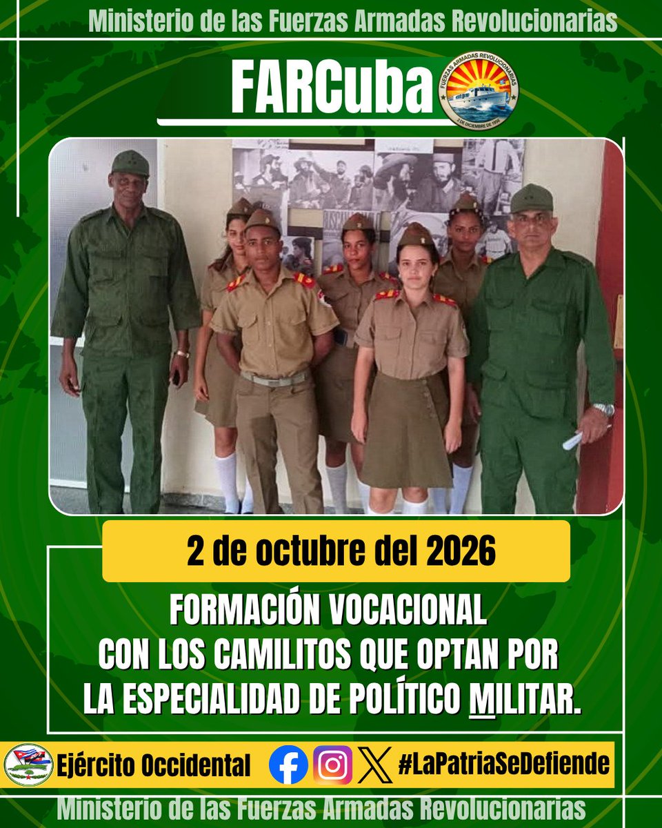 EjtoOccidental's tweet photo. 🔴🔵| En la EMCC de Pinar del Río se desarrolló una actividad de formación vocacional con los Camilitos que optan por la especialidad de Político Militar.
🇨🇺 Una jornada que fortalece la preparación de las nuevas generaciones y  la continuidad de la Revolución. 
#FARCuba https://t.co/u7aYFVBhqn