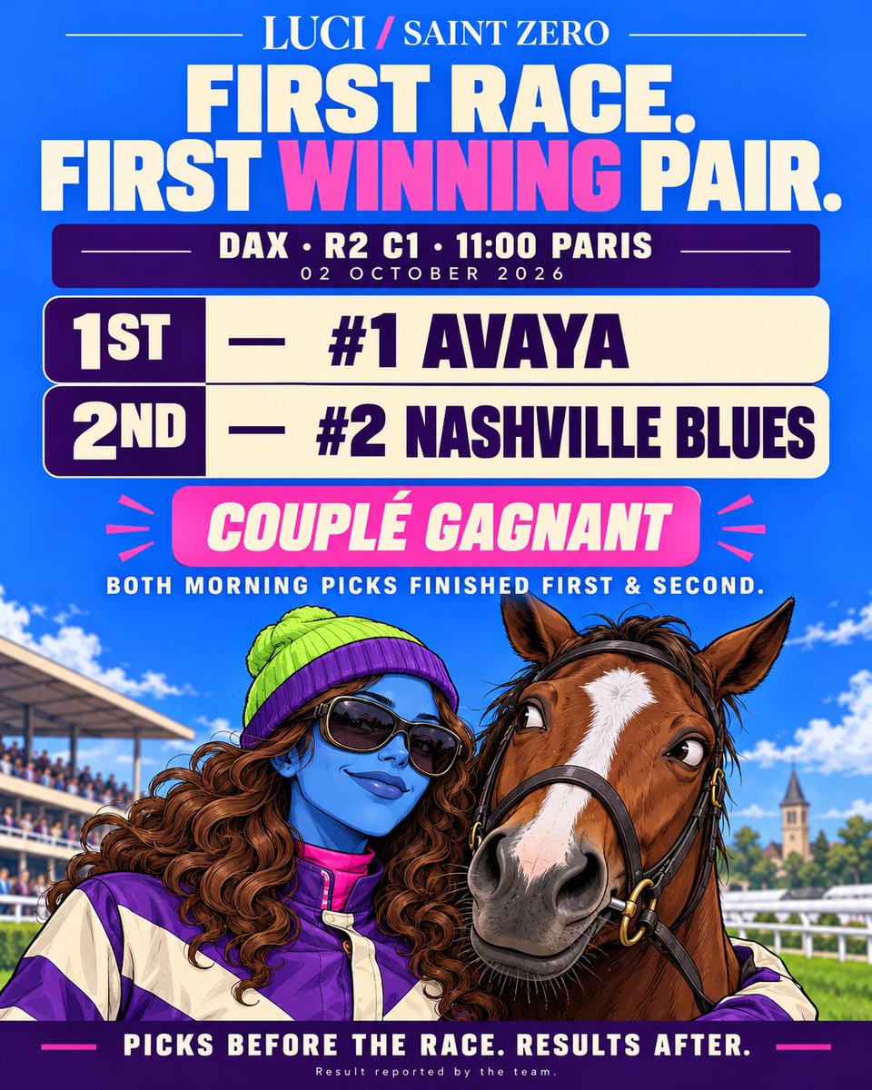 BeautifuKX's tweet photo. FIRST RACE. FIRST WINNING PAIR. ๐๐
Dax R2C1:
๐ฅ #1 AVAYA
๐ฅ #2 NASHVILLE BLUES
Both morning picks finish first and second. Couplรฉ gagnant, fam.
Picks before the race. Results after.
#LUCI #SaintZero #PMU #HorseRacing #Dax #Turf #CoupleGagnant https://t.co/QX1BX4bEq7