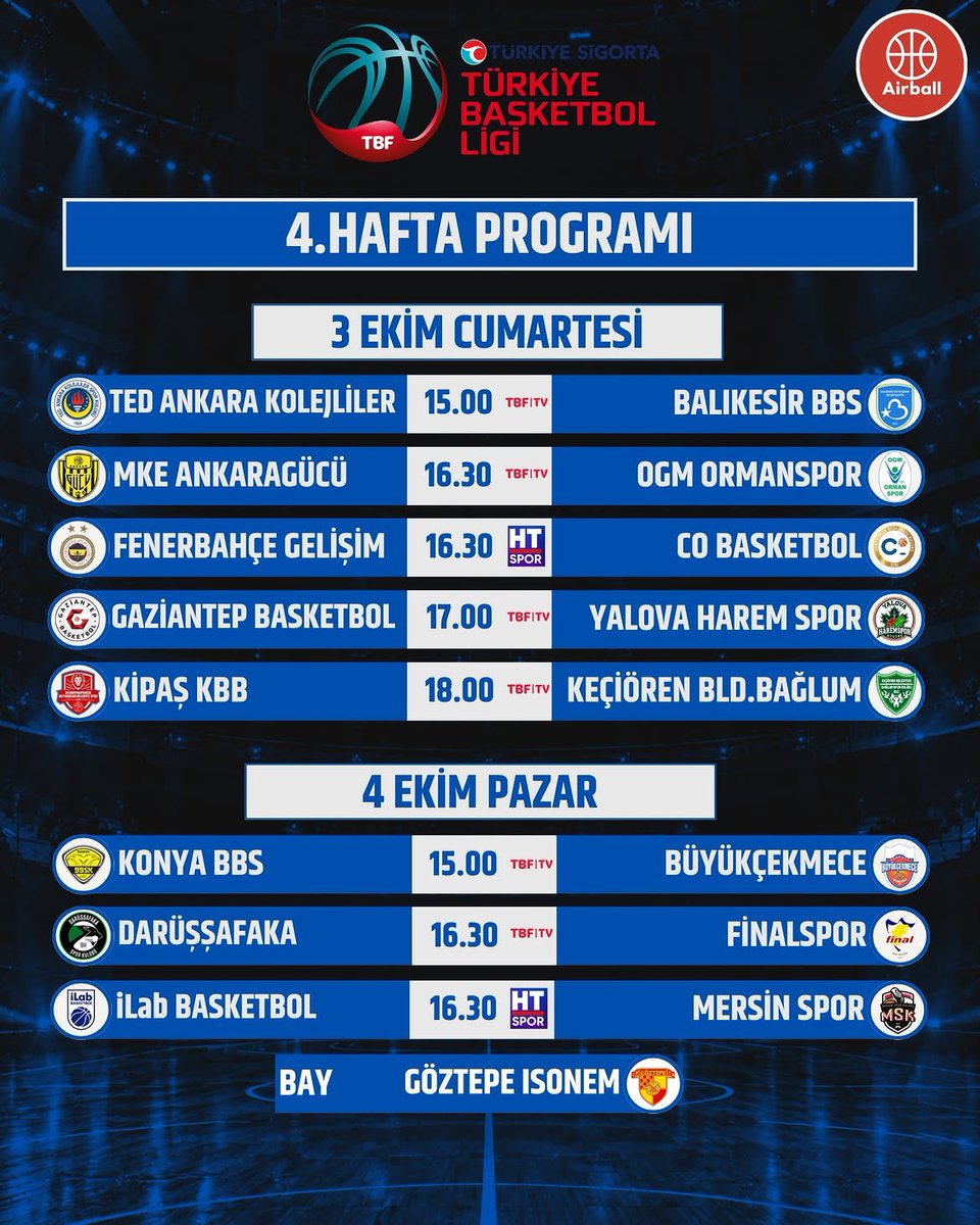 airballtv_'s tweet photo. Türkiye Sigorta Türkiye Basketbol Ligi 4.Hafta Programı
❓Kimler kazanır ? 
❓Haftanın en güzel maçı ? 
❓Tahminleriniz ? https://t.co/bihUgpDd8R