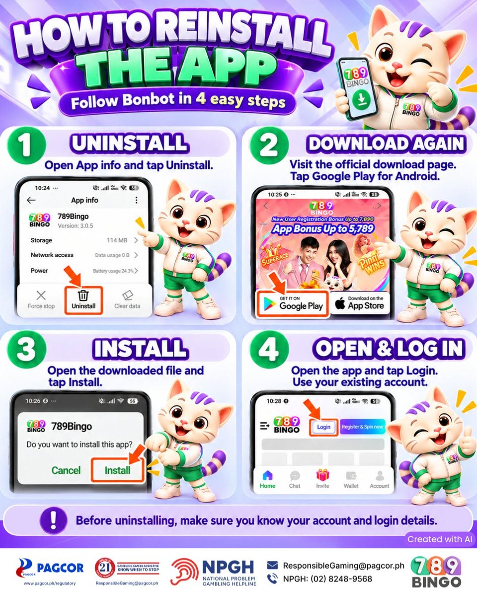ph789bingo's tweet photo. 📱 Trouble updating the 789Bingo app?

1️⃣ Uninstall the old app
2️⃣ Download the latest version: https://t.co/eKN5n7ieP8
3️⃣ Reinstall &amp; log in

⚠️ Save your login details first.

🔞 21+ only. Play responsibly.

#789bingo #789BingoApp #AppUpdate #ResponsibleGaming https://t.co/XsgsWwvyrt