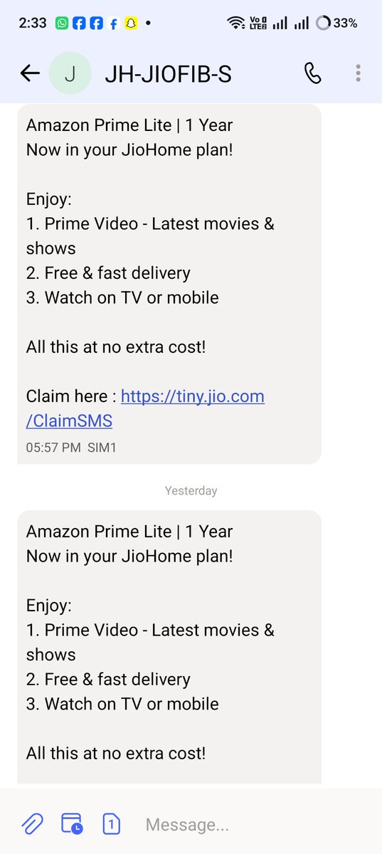 karan854's tweet photo. @reliancejio  recharged JioFiber for ₹10,000 a month ago. I keep receiving messages to claim the 1-year Amazon Lite offer, but the link doesn’t work. Customer care says it’s only for new recharges. Why send these messages if existing customers aren’t eligible? Please clarify. https://t.co/WHiGF1R8Lr