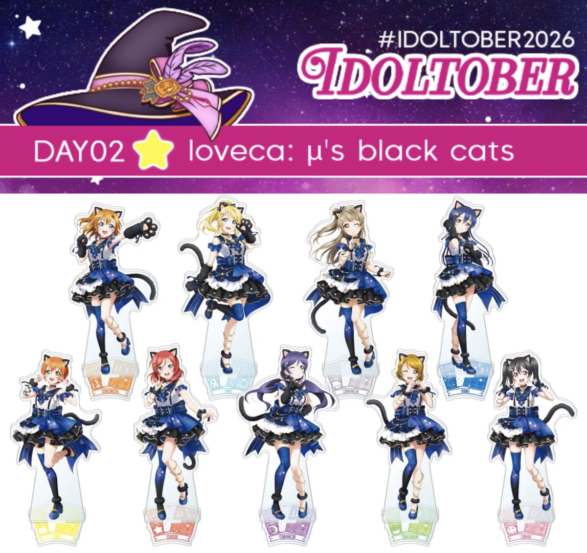 idoldotst's tweet photo. [#Idoltober2026] Day 2 - Loveca: μ's Black Cats

Black cats are famous this time of year! 🐈‍⬛

Use this Loveca original costume, μ's starry black cat, as a reference for today's prompt! https://t.co/w5fzCQSXAA