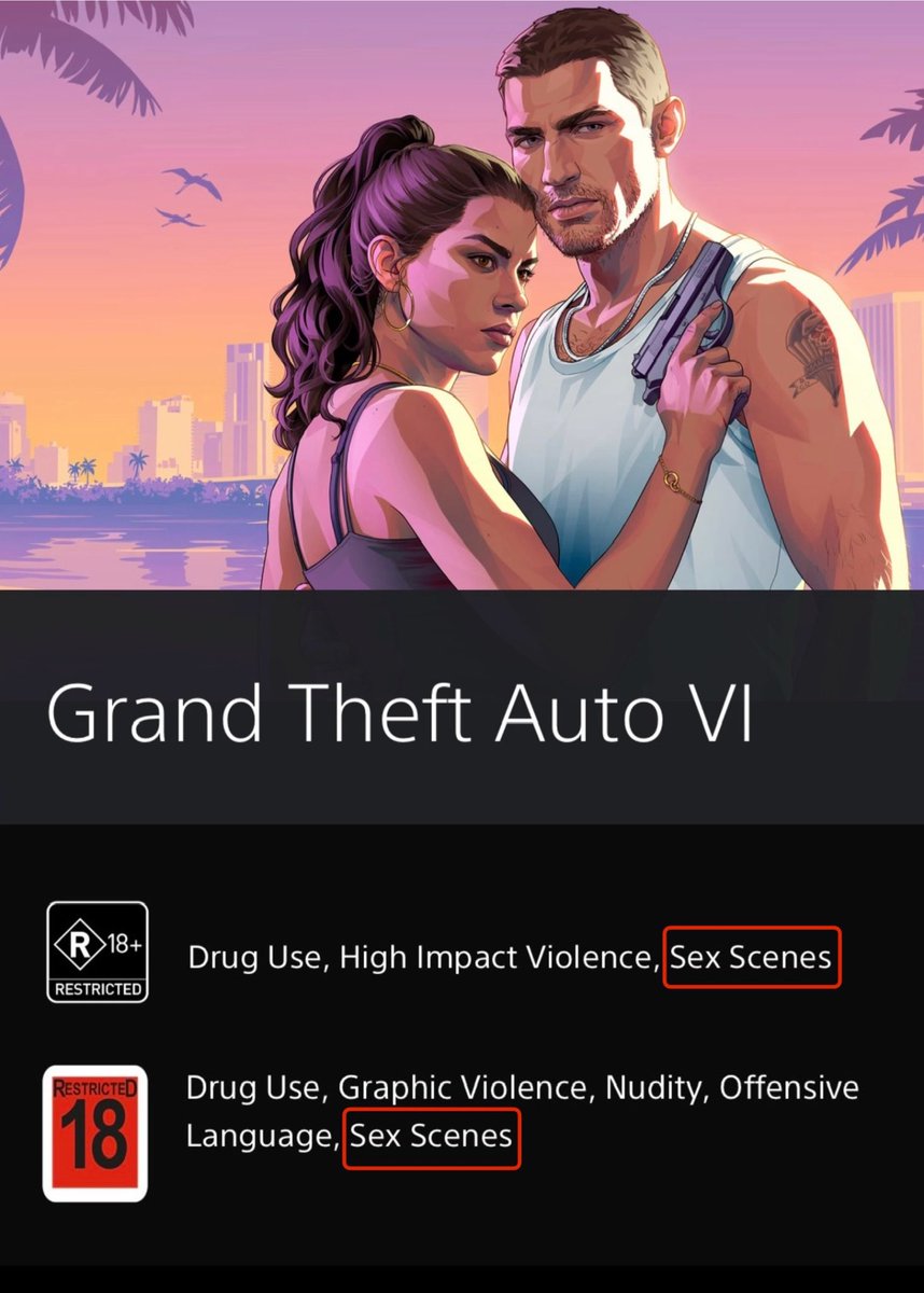 NotForYouIN's tweet photo. 🚨 GTA 6 just got even more explicit.

Sex scenes are officially indicated in GTA 6’s Australian & New Zealand age ratings.

And here’s the interesting part:

GTA 5 didn’t have this mentioned in its official age rating. 👀

Rockstar is clearly pushing GTA 6’s content further than GTA 5.

What exactly is Rockstar planning? 🤔