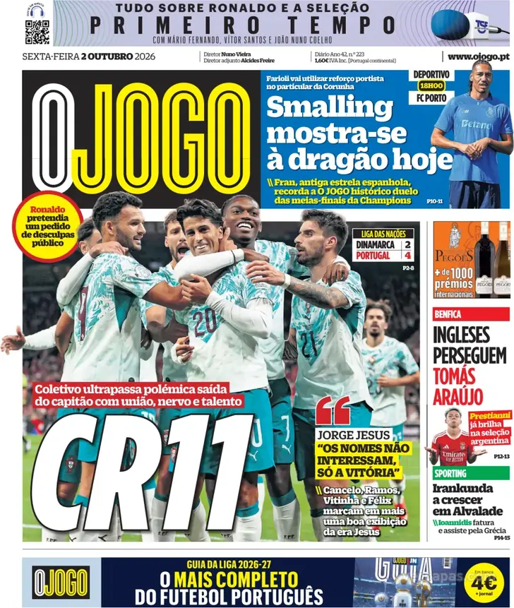 _BeFootball's tweet photo. 🚨 LA PRESSE S'ENFLAMME POUR L'APRÈS-RONALDO ! 🔥🇵🇹

Au lendemain du départ fracassant de CR7, la victoire séduisante de la Seleçao a libéré les médias. 

👉 @ojogo n'hésite pas à titrer « CR11 » pour encenser João Félix et vante la nouvelle harmonie collective trouvée par Jorge Jesus.

👉 De son côté, @lequipe souligne un « Portugal libéré » et décomplexé sur le terrain.

👉 Enfin, @Record_Portugal préfère ironiser en Une en évoquant une fausse « crise nationale ».

(via @footmercato)