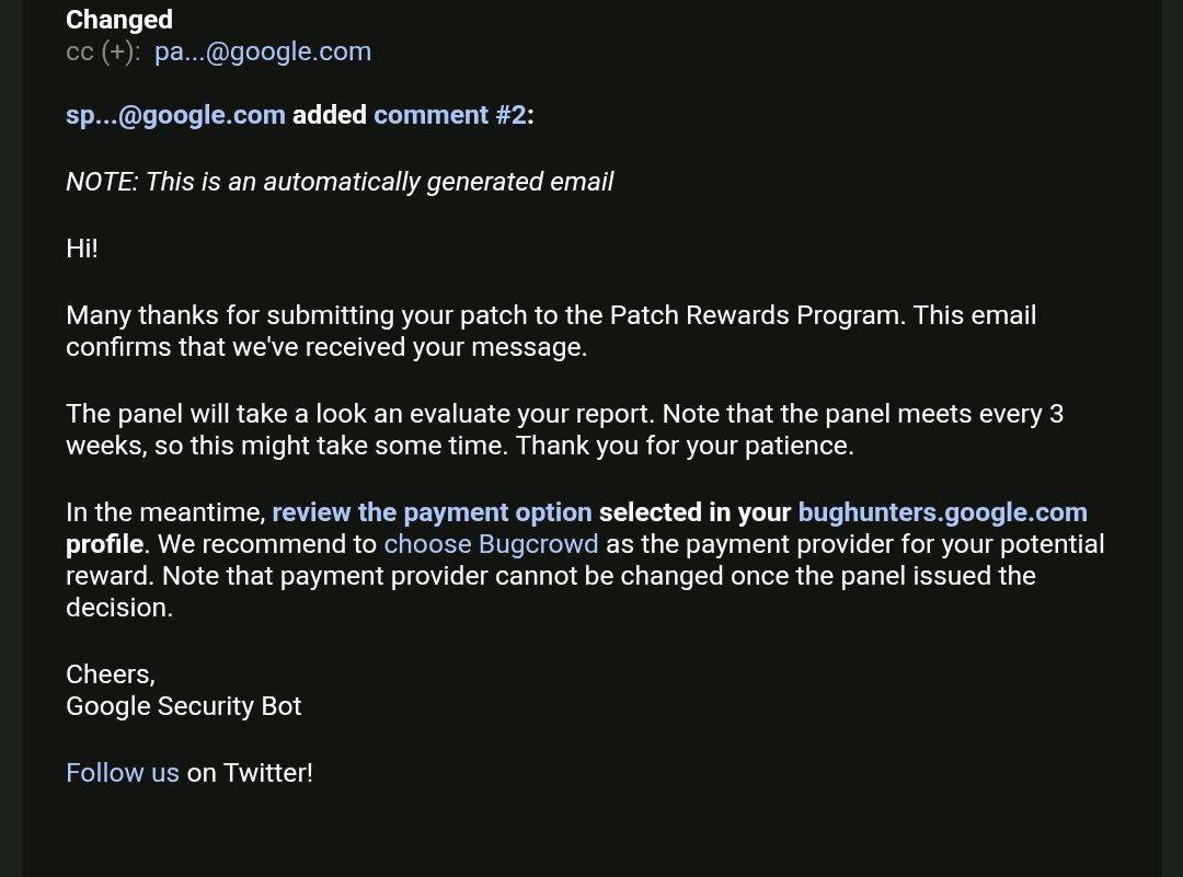 HackerKritik's tweet photo. Just reported a Bug in Patch Rewards Program waiting for decision:) @GoogleVRP https://t.co/1ur7jo1QWG