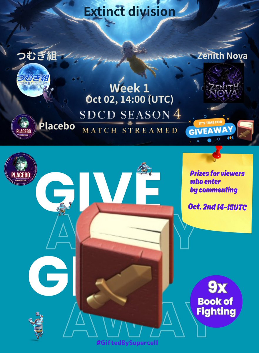 placeboCOC1's tweet photo. 今晩 23時からLIVE配信しますꉂꉂ📣

Giveawaytime 🎉
戦いの本を9名の方に配信内で プレゼント🎁
溢れてる資源で研究を進めちゃいましょうᐠ( ᐛ )ᐟ
#SupercellPartner #GiftedBySupercell

つむぎ組 🆚 Zenith Nova
⏰ Oct.2nd 14UTC(23JST)
⚔️ SDCD Extinct
Youtube：https://t.co/tmfRcjKq2D
Twitch：https://t.co/C8byi8Wfxp
TikTok：https://t.co/H2pWNkgoXq