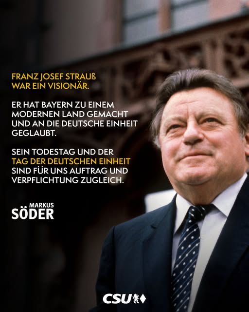 Markus_Soeder's tweet photo. Wir gedenken Franz Josef Strauß. Er ist heute vor 38 Jahren gestorben – genau zwei Jahre vor der deutschen Wiedervereinigung. Er war ein großer Ministerpräsident und hat Bayern entscheidend geprägt. In meiner Jugend war er der Grund, weshalb ich in die CSU eingetreten bin. Hatte sogar ein Poster von ihm im Zimmer. Heute steht eine Büste von ihm im Büro der Landesleitung. Franz Josef Strauß hätte sich sicher gefreut, die Einheit noch zu erleben.