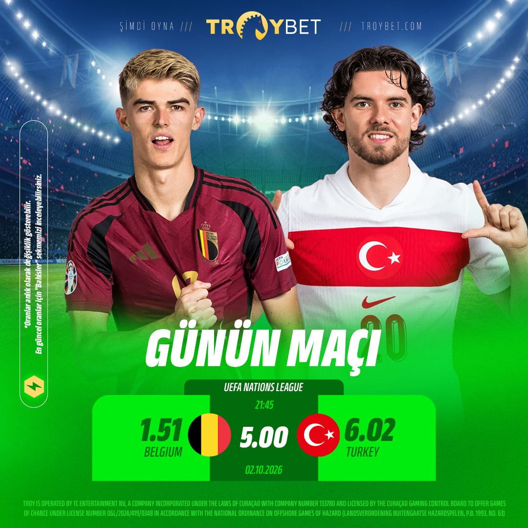 troybet_oficial's tweet photo. ⚡️🇧🇪 SAHNEDE BELÇİKA – TÜRKİYE! 🇹🇷⚡️
👉Günün Maçı Troybet'te!👈

🔥 Futbolseverlerin gözü bu dev mücadelede olacak.
📅 02.10.2026 | ⏰ 21:45

🎰 Maç Oranları:
🇧🇪 1.51 | 🤝 5.00 | 🇹🇷 6.02
👀 Favorini belirle, oranlara göz at!
https://t.co/exgaAl3G77 https://t.co/dMA3rq4MFI