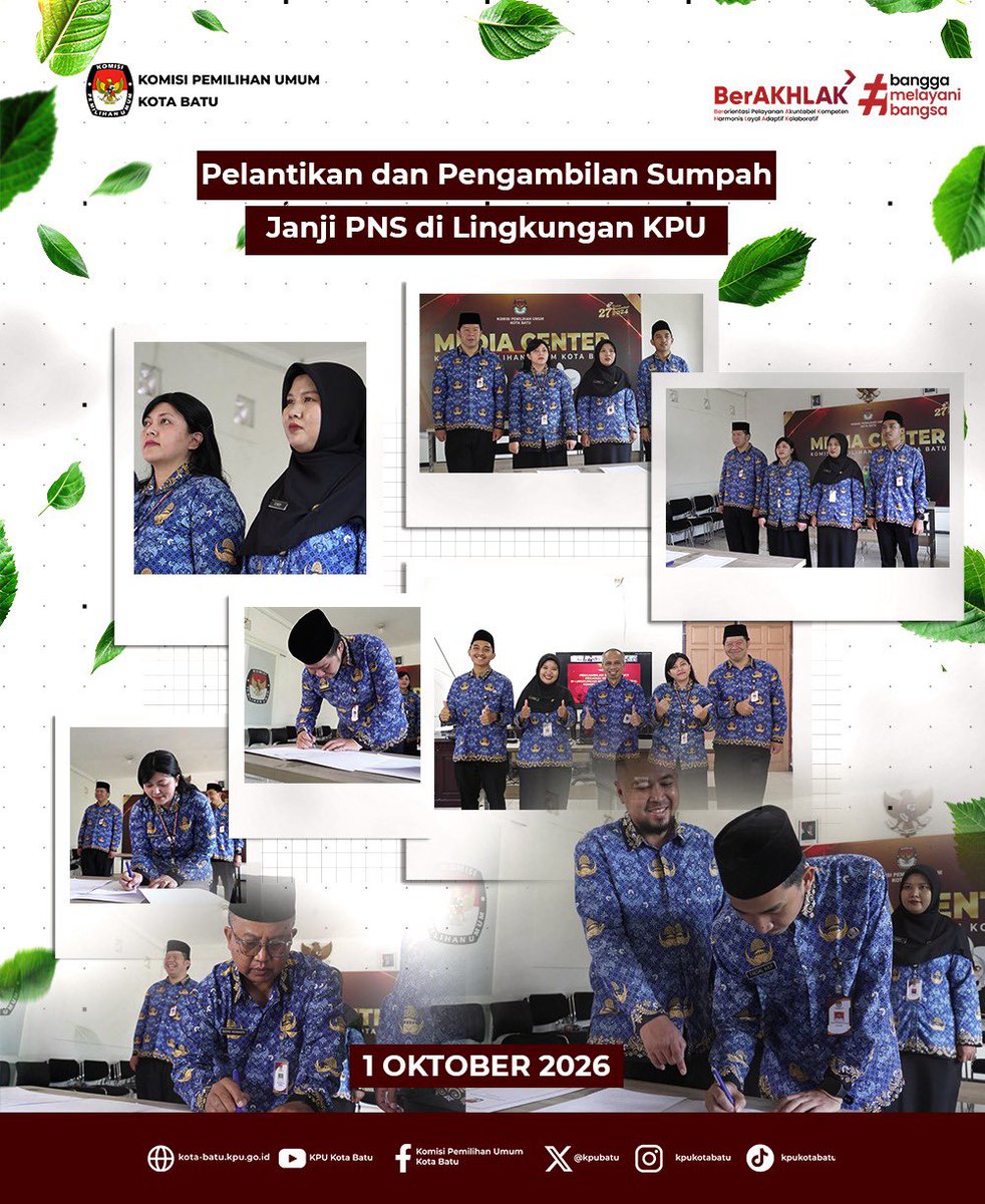 KPUBatu's tweet photo. Empat CPNS KPU Kota Batu Resmi Dilantik Menjadi PNS

#TemanPemilih, kabar baik datang dari KPU Kota Batu! Empat Calon Pegawai Negeri Sipil (CPNS) KPU Kota Batu resmi dilantik dan diambil sumpah/janji sebagai Pegawai Negeri Sipil (PNS) KPU pada Kamis (1/10/2026).

#KPUMelayani https://t.co/QSohMpiXU2