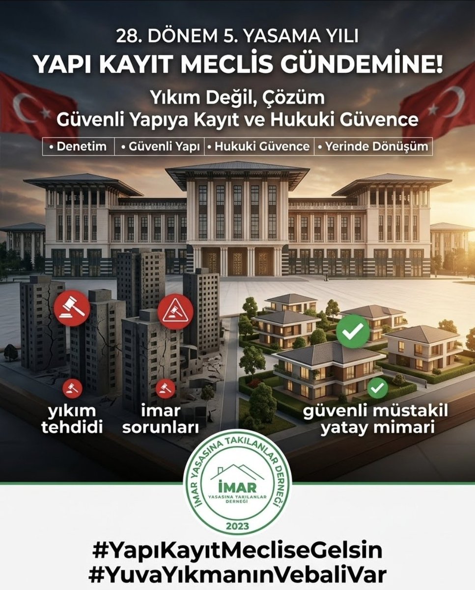 iytdernegi's tweet photo. Türkiye Büyük Millet Meclisi’nin 28. Dönem 5. Yasama Yılı’nın ülkemiz ve milletimiz için hayırlı olmasını temenni ediyoruz.

İmar Yasasına Takılanlar Derneği olarak, yıllardır çözüm bekleyen imar, ruhsat, yapı kayıt, kırsal yerleşim ve mülkiyet kaynaklı sorunların yeni yasama döneminde yeniden ele alınmasını talep ediyoruz.

Bizim talebimiz; kuralsızlık, denetimsizlik veya koşulsuz bir imar affı değildir.

Talebimiz;
Denetimli, adil, deprem güvenliğini esas alan, vatandaşın mülkiyet ve barınma hakkını gözeten yeni bir yapı kayıt ve imar düzenlemesidir.

1. SORUN: Mevcut yapı stokunun önemli bir bölümü hukuki statü açısından sorunludur
Türkiye’de yıllar içerisinde farklı nedenlerle ruhsatsız, ruhsatına aykırı veya mevcut imar mevzuatıyla uyumsuz yapıların oluştuğu bilinmektedir.

2018 yılında 3194 sayılı İmar Kanunu’na eklenen Geçici 16. madde kapsamında Yapı Kayıt Belgesi uygulamasıyla milyonlarca yapı ve bağımsız bölüm için bir kayıt mekanizması oluşturulmuştur.

Ancak bu uygulama, bütün sorunları kalıcı biçimde çözememiştir.

Yapı Kayıt Belgesi bulunan veya geçmişte başvuru sürecine dahil olan birçok vatandaş bugün hâlâ;
tapu ve cins değişikliği,
ruhsat ve iskân,
yapı güvenliği,
belediye işlemleri,
elektrik, su ve doğal gaz abonelikleri,
yapı kayıt belgesinin iptali,
yıkım kararları,
para cezaları,
TCK 184 kapsamında yürütülen süreçler
gibi farklı hukuki ve idari sorunlarla karşı karşıya kalabilmektedir.
Bu durum yalnızca bir imar meselesi değildir.
Barınma, mülkiyet, ekonomik kayıp, aile düzeni ve sosyal huzur açısından da sonuçlar doğuran bir sorundur.

2. SORUN: Deprem gerçeği ile mevcut imar sorunları birlikte ele alınmalıdır
6 Şubat depremleri başta olmak üzere ülkemizde yaşanan depremler, yapı güvenliğinin ne kadar önemli olduğunu bir kez daha ortaya koymuştur.

Bu nedenle yeni bir düzenlemenin temelinde yalnızca “kayıt altına alma” yaklaşımı bulunmamalıdır.

Önce yapı güvenliği tespit edilmeli, sonra hukuki statü belirlenmelidir.
Güvenli olduğu teknik olarak tespit edilen yapıların kayıt altına alınması ve yasal statüye kavuşturulması;
riskli yapıların ise güçlendirme veya kentsel dönüşüm sürecine alınması gerektiğini düşünüyoruz.

Bu nedenle önerimiz:
“Önce denetim, sonra düzeltme; mümkün değilse güçlendirme veya dönüşüm.”
Yıkım, tek başına çözüm olarak görülmemelidir.

Güvenli yapı korunmalı, riskli yapı güvenli hâle getirilmeli, hukuki sorun ise çözüme kavuşturulmalıdır.

3. TALEPLERİMİZ
TALEP 1 – Yeni bir Yapı Kayıt Düzenlemesi hazırlanmalıdır
Geçmiş uygulamadan yararlanamamış veya çeşitli nedenlerle sürecini tamamlayamamış yapılar için;
yapı güvenliği,
mülkiyet durumu,
yapı yaşı,
kullanım amacı,
imar planı durumu,
çevre ve şehircilik kriterleri
dikkate alınarak yeni ve kontrollü bir kayıt mekanizması oluşturulmalıdır.
Bu düzenleme koşulsuz bir af değil, teknik inceleme ve denetim esaslı bir kayıt sistemi olmalıdır.

TALEP 2 – Yapı Kayıt Belgesi bulunan yapıların hukuki statüsü netleştirilmelidir
Yapı Kayıt Belgesi bulunan vatandaşların hangi işlemleri hangi şartlarla gerçekleştirebileceği açık ve yeknesak biçimde belirlenmelidir.

Özellikle;
Yapı Kayıt Belgesi → teknik inceleme → bina güvenlik değerlendirmesi → tapu/ruhsat işlemleri → kalıcı hukuki statü
şeklinde uygulanabilir bir sistem oluşturulmalıdır.
Vatandaş aynı belgeyle farklı kurumlarda farklı uygulamalarla karşılaşmamalıdır.

TALEP 3 – Yıkım süreçleri teknik inceleme tamamlanmadan sonuçlandırılmamalıdır
Bir yapının yalnızca imar mevzuatına aykırılığı nedeniyle doğrudan yıkım sürecine götürülmesi yerine;
yapı güvenliği incelenmeli,
risk durumu belirlenmeli,
giderilebilir aykırılıklar için süre verilmeli,
güçlendirme mümkünse güçlendirme yapılmalı, dönüşüm mümkünse dönüşüm sağlanmalı, teknik olarak güvenli hâle getirilemeyen yapılar için gerekli işlem uygulanmalıdır. Yıkım son seçenek olmalıdır.

#YapıKayıtMecliseGelsin 
#YuvaYıkmanınVebaliVar