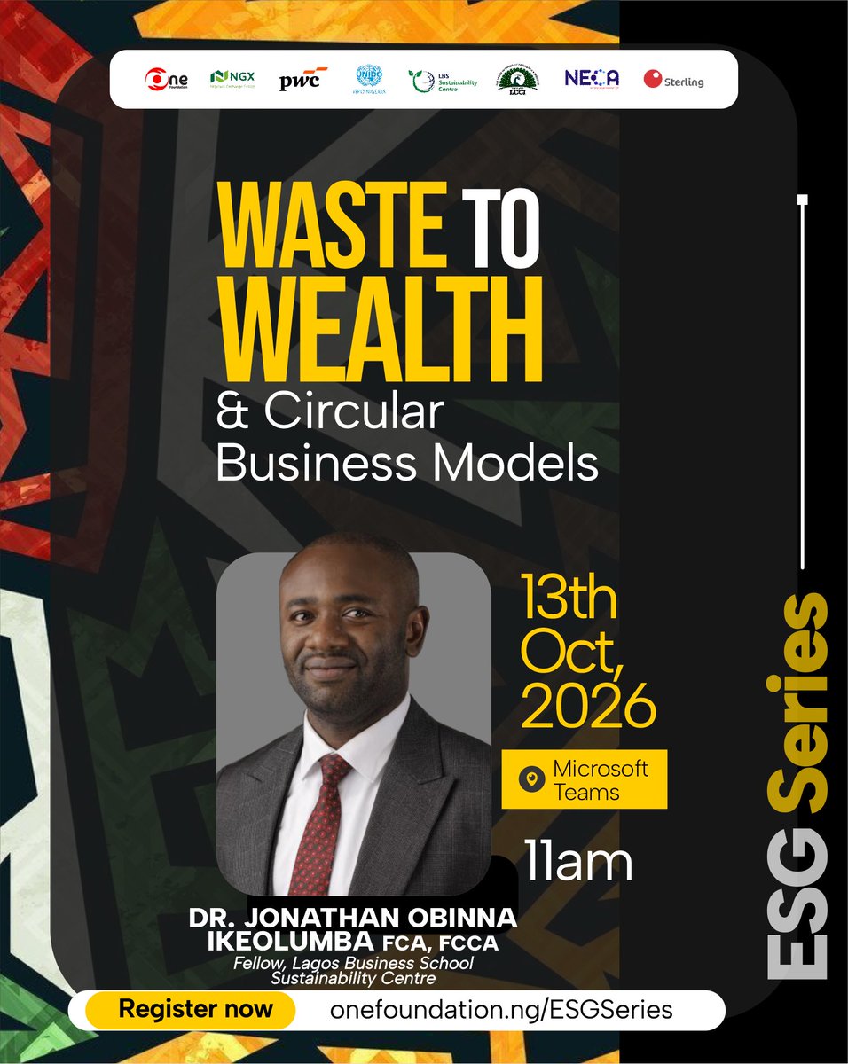 onefoundationng's tweet photo. Meet the Speaker

Dr. Jonathan Ikeolumba is a sustainability and sustainable finance expert with over 20 years of experience spanning banking, consulting, and academia. He holds double doctorate degrees in Sustainability and its intersection with Finance and is a certified Circular Economy Specialist, Sustainable Finance Consultant, and World Bank and IFC Master Trainer.

His expertise spans Sustainability, Circular Economy, Sustainable Finance, Financial Inclusion, Carbon Finance, and ESG/Climate Risk Governance. He has also supported financial institutions and international DFIs in translating frameworks such as ISSB, IFRS S1/S2, and CBN Sustainable Finance Principles into practical business and financial solutions.

Register now to connect with Dr. Jonathan and gain practical insights at the upcoming ESG Webinar: https://t.co/ZLrewUEVmk

#ESGSeries #WasteToWealth #CircularEconomy #Sustainability #SOF