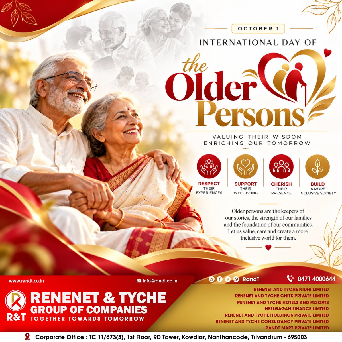 RandT_Group's tweet photo. 👵👴❤️ International Day of Older Persons

They gave us their time, wisdom, love &amp; strength. Today, let’s give back with respect, care &amp; dignity. 🌿

✨ Every age deserves to be valued. 

#OlderPersons #RespectOurElders #ElderCare #AgeWithDignity #HealthyAgeing https://t.co/Pjr18FR9OO