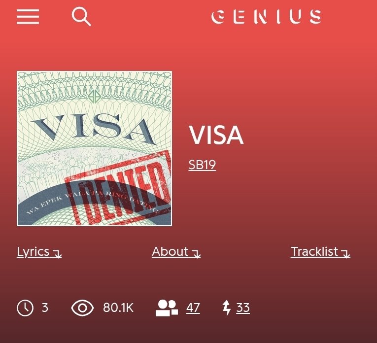 kalamayhatiii's tweet photo. Uy A'tin! 80k na to sa Genius. Tara 100k?? Drop links!

SB19 – VISA @SB19Official  https://t.co/XxMIsTTXLl

Tags na rin!

SB19 WAS FAN PREMIERE 
@SB19Official #SB19
#SB19_WakasAtSimulaConFilm https://t.co/108qu4gVOK