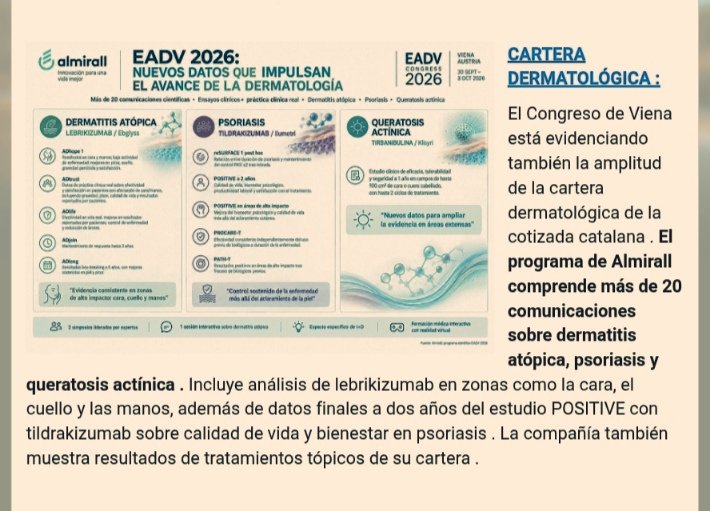 pharma_jonpi's tweet photo. ALMIRALL ACELERA HACIA LOS 450 MILLONES DE EUROS CON #EBGLYSS :
EL RESPALDO DE LA @FDA DE LA MANO DE #LILLY Y EL CONTROL PROLONGADO DE LA #DERMATITIS ATÓPICA IMPULSAN SU GRAN APUESTA EN DERMATOLOGÍA .
https://t.co/U9VaGcJEh8 @FinancialTimes @expansioncom #ibex @nasdaq @EMA_News https://t.co/ZHvwj10g7c
