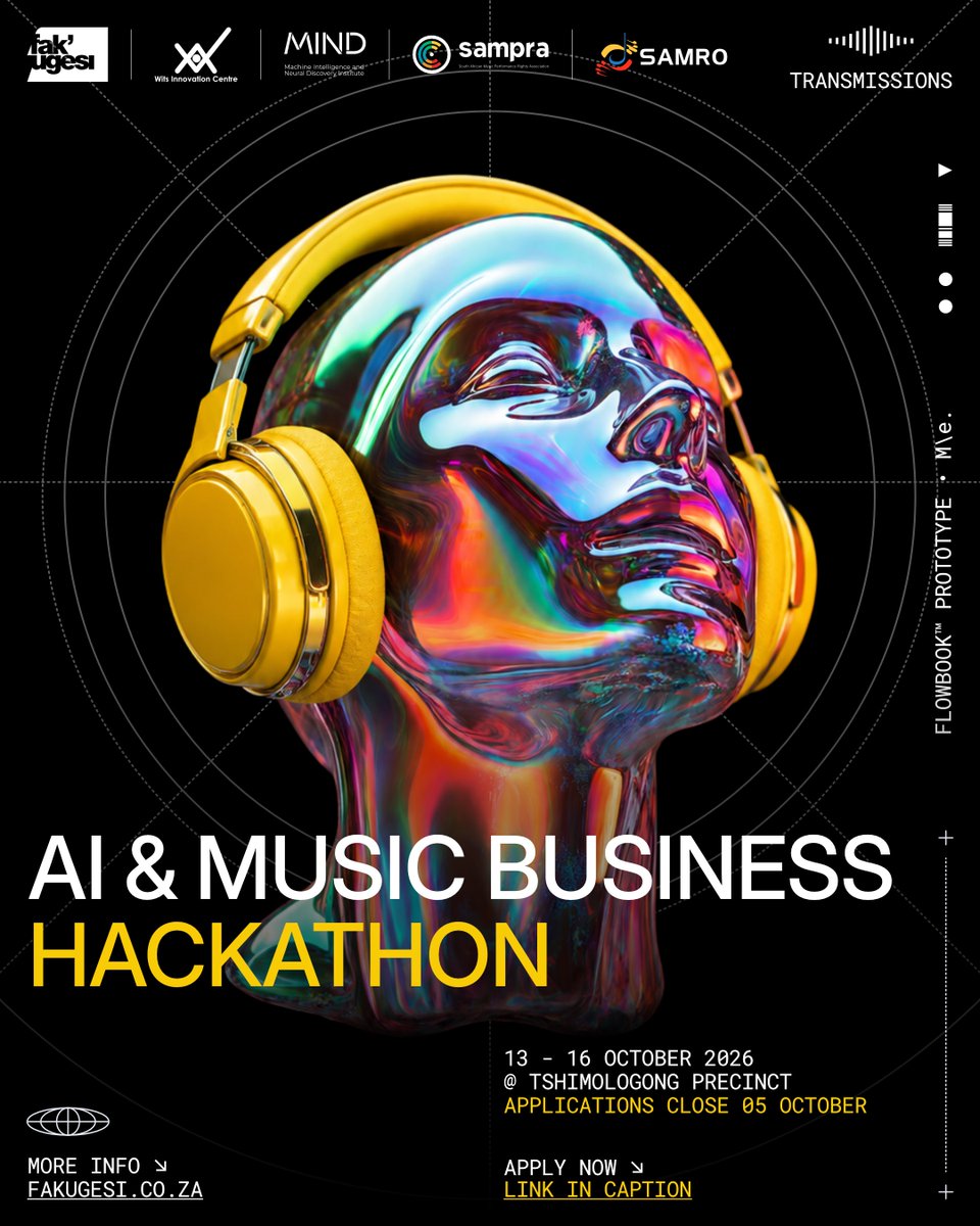 fakugesi's tweet photo. Who owns African music when AI can make it?

AI &amp; Music Business Hackathon
13–15 Oct · Johannesburg
Applications close 3 Oct.

Rights. Licensing. Audiences. Revenue.
Own the Music. Own the Machine.

🔗https://t.co/MFpJvLWNpp

#Fakugesi2026

[Free]. Apply as [individual/team]. https://t.co/8n95vuLSzR