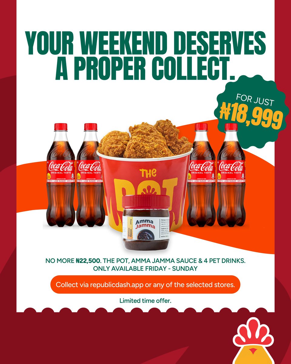 ChickenRepublic's tweet photo. Dear Citizens, Every Citizen Must Collect is back 🥳
Swipe to see more offers.😋

Collect via https://t.co/fawwGR6whu or walk in any of the selected stores now.
 #ChickenRepublic  #NiceNice  #EveryCitizenMustCollect https://t.co/Xe7aLVVTRw