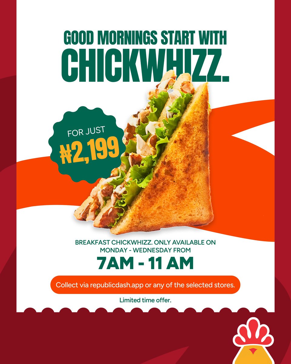 ChickenRepublic's tweet photo. Dear Citizens, Every Citizen Must Collect is back 🥳
Swipe to see more offers.😋

Collect via https://t.co/fawwGR6whu or walk in any of the selected stores now.
 #ChickenRepublic  #NiceNice  #EveryCitizenMustCollect https://t.co/Xe7aLVVTRw