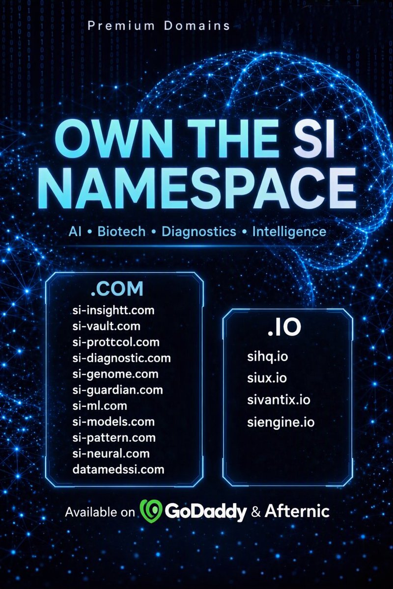 PatternRouaj's tweet photo. Own the future of innovation with the SI Namespace  premium domains for AI, Biotech, Diagnostics & Intelligence.

 Available now on GoDaddy & Afternic.

#DomainNames #AI #Biotech #Innovation #GoDaddy #Afternic #DigitalAssets #Branding #Tech #Startup #Entrepreneur #Web3 #Intelligence #Diagnostics #PremiumDomains #SInamespace