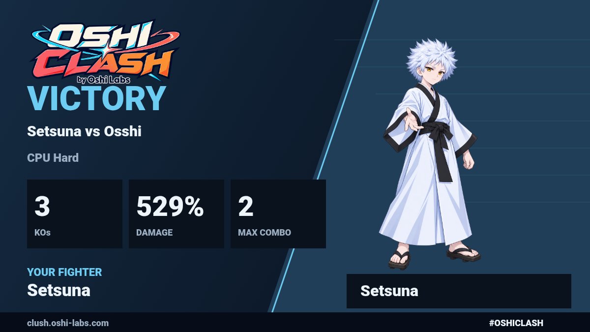 RosalynAngelina's tweet photo. OSHI CLASH|WIN
Setsuna vs Osshi · CPU Hard
3 KOs · 529% damage · Max 2 hits
#OSHICLASH https://t.co/mwRmDSB85g https://t.co/WiByJalQUN