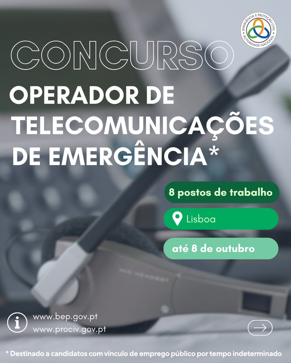 ProteccaoCivil's tweet photo. 📢 Estamos a RECRUTAR 📢

📅 Candidaturas abertas até 𝟖 𝐝𝐞 𝐨𝐮𝐭𝐮𝐛𝐫𝐨 de 2026

📧 𝐫𝐞𝐜𝐫𝐮𝐭𝐚𝐦𝐞𝐧𝐭𝐨@𝐩𝐫𝐨𝐜𝐢𝐯.𝐩𝐭

📝 𝐅𝐨𝐫𝐦𝐮𝐥𝐚́𝐫𝐢𝐨 𝐝𝐞 𝐜𝐚𝐧𝐝𝐢𝐝𝐚𝐭𝐮𝐫𝐚 (𝐨𝐛𝐫𝐢𝐠𝐚𝐭𝐨́𝐫𝐢𝐨): https://t.co/J3LJmlwHnP

ℹ️ https://t.co/lq9zuPn3Jj https://t.co/4mmzT1FsyI