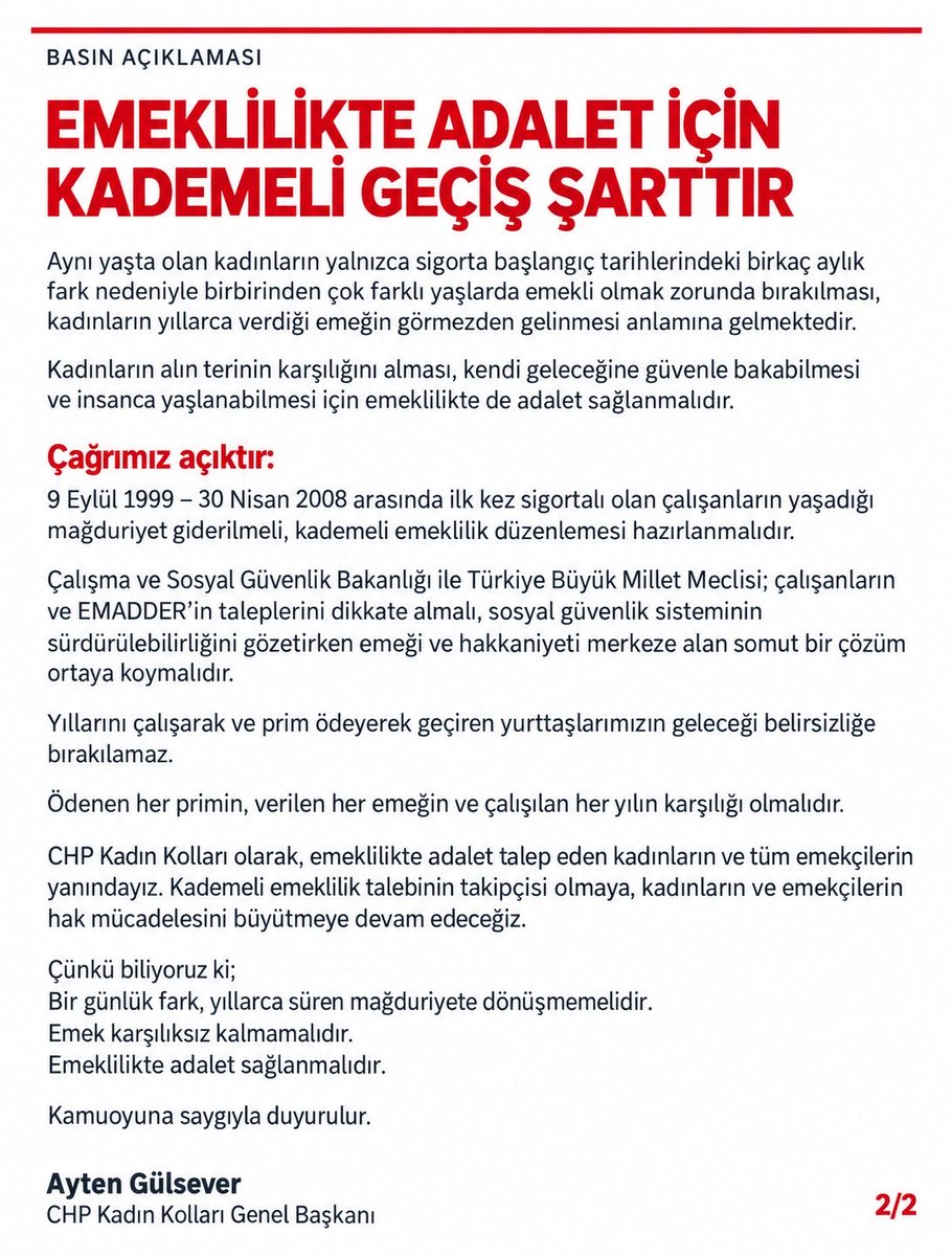 EmadDernegi's tweet photo. 📢 EMADDER’DEN SAYIN AYTEN GÜLSEVER’E TEŞEKKÜR

@herkesicinCHP
@kilicdarogluk
@AytenGulseverx

Cumhuriyet Halk Partisi Kadın Kolları Genel Başkanı Sayın Ayten Gülsever, 2 Ekim Cuma günü CHP Genel Merkezi’nde düzenlediği basın açıklamasıyla Emeklilikte Adalet Derneği’nin (EMADDER) kademeli emeklilik mücadelesini ve milyonların haklı talebini kamuoyunun gündemine taşımıştır.

Kademeli emeklilik talebimizin daha geniş kitlelere duyurulmasına ve çözüm iradesinin güçlenmesine katkı sunan Sayın Ayten Gülsever’e teşekkür ediyoruz.

EMADDER olarak biliyoruz ki; adalet talebi duyuldukça, çözüm için atılan her adım mücadelemize güç katmaktadır.

Milyonların beklediği kademeli emeklilik için mücadelemiz kararlılıkla devam edecektir.

Saygılarımızla,
Emeklilikte Adalet Derneği

@ratureli
@rtnalbantoglu
@SelmaKavaf
@semradincerchp
@eczserkansari
@SEVDAERDAN
@sururicorabatir
@TahsinBecan
@TurkerAtes14
@VecdiGundogdu
@yukselmkilinc

@EmadDernegi
#KademeliEmeklilik
#KademeMeclisinişi