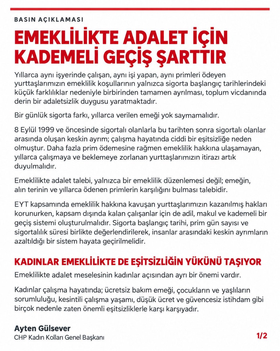 EmadDernegi's tweet photo. 📢 EMADDER’DEN SAYIN AYTEN GÜLSEVER’E TEŞEKKÜR

@herkesicinCHP
@kilicdarogluk
@AytenGulseverx

Cumhuriyet Halk Partisi Kadın Kolları Genel Başkanı Sayın Ayten Gülsever, 2 Ekim Cuma günü CHP Genel Merkezi’nde düzenlediği basın açıklamasıyla Emeklilikte Adalet Derneği’nin (EMADDER) kademeli emeklilik mücadelesini ve milyonların haklı talebini kamuoyunun gündemine taşımıştır.

Kademeli emeklilik talebimizin daha geniş kitlelere duyurulmasına ve çözüm iradesinin güçlenmesine katkı sunan Sayın Ayten Gülsever’e teşekkür ediyoruz.

EMADDER olarak biliyoruz ki; adalet talebi duyuldukça, çözüm için atılan her adım mücadelemize güç katmaktadır.

Milyonların beklediği kademeli emeklilik için mücadelemiz kararlılıkla devam edecektir.

Saygılarımızla,
Emeklilikte Adalet Derneği

@ratureli
@rtnalbantoglu
@SelmaKavaf
@semradincerchp
@eczserkansari
@SEVDAERDAN
@sururicorabatir
@TahsinBecan
@TurkerAtes14
@VecdiGundogdu
@yukselmkilinc

@EmadDernegi
#KademeliEmeklilik
#KademeMeclisinişi