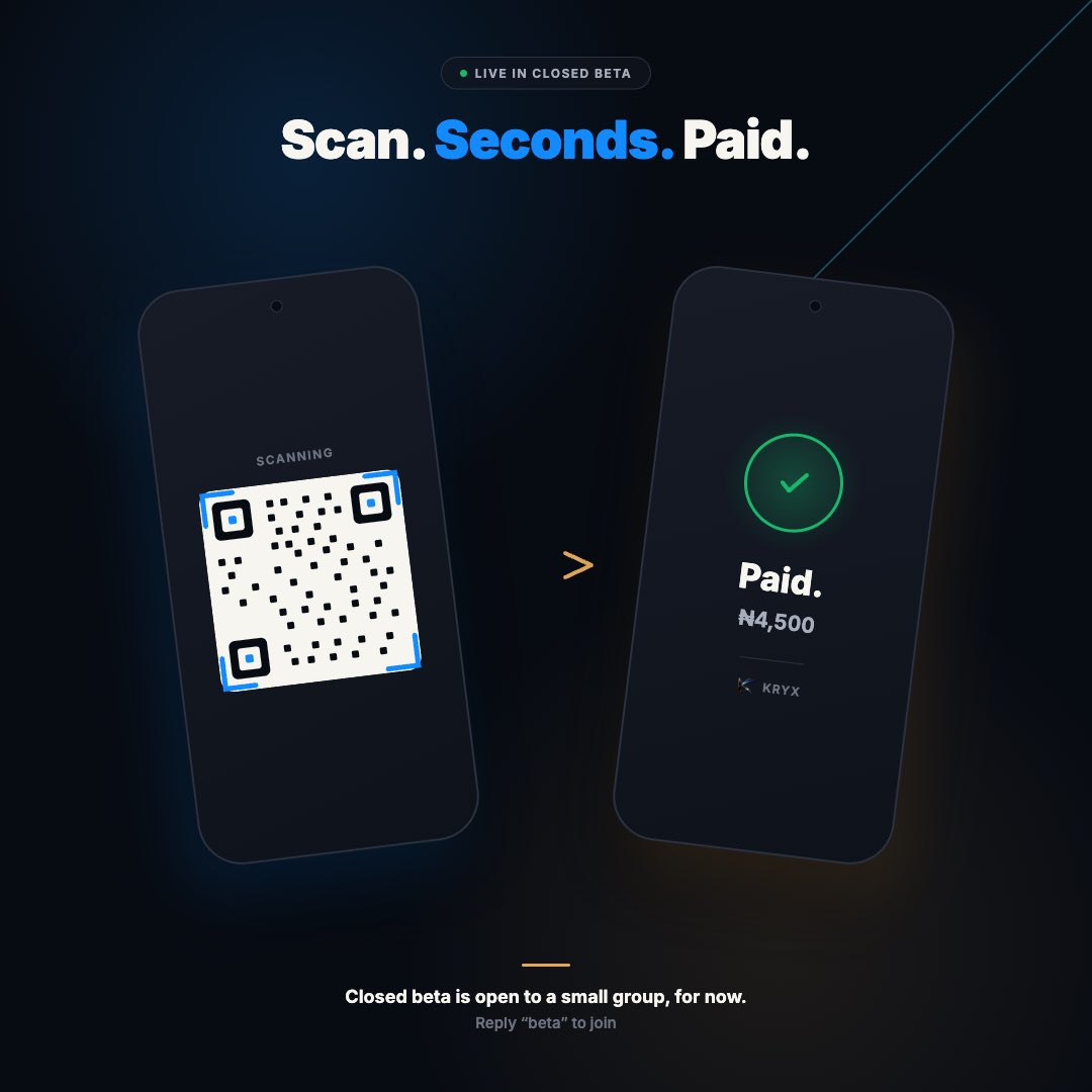 KryxPay's tweet photo. We're letting a small group of merchants and customers try KRYX before anyone else. 
Scan. Seconds. Paid. If you want early access, reply "beta" below. https://t.co/qDs30vRx0T