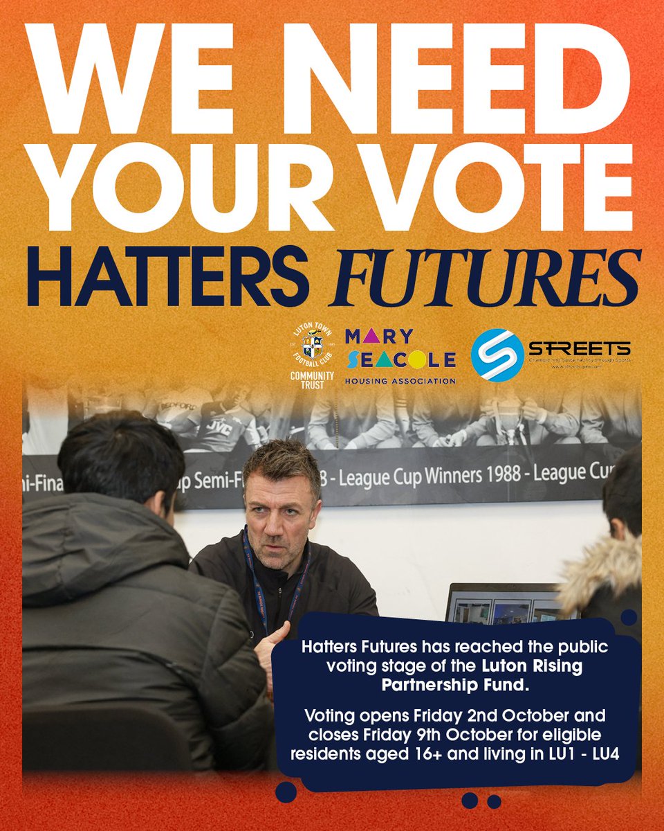 LutonTown's tweet photo. Luton Town FC Community Trust's Hatters Futures has reached the public vote for the Luton Rising Partnership Fund.

Hatters Futures will support Luton’s 18–25-year-olds who are facing barriers to work, helping them build confidence, gain qualifications, access work experience and move towards employment by using Kenilworth Road to create more opportunities for young people in our town🧡.

This is about Luton investing in Luton - creating opportunities for our young people, in our community, through a place that means so much to our town.

Voting is open now🔗 https://t.co/goYnFMMDQF

Let’s make Kenilworth Road a place of new opportunities for young people across Luton.